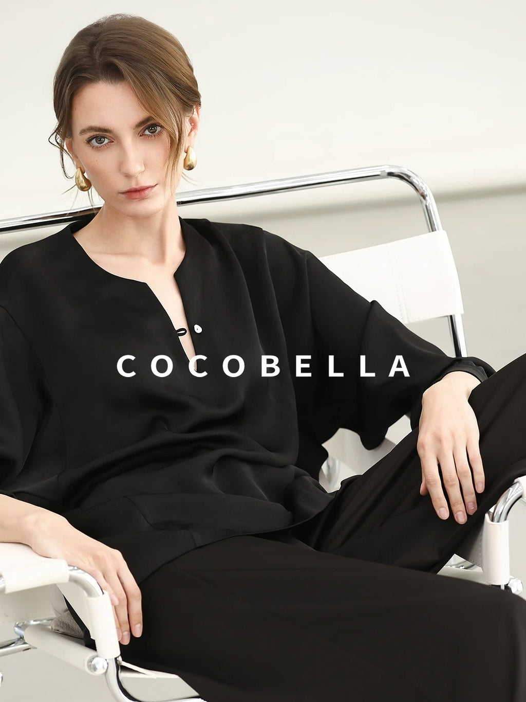 COCOBELLA V Neck Long Sleeve 100% Polyester Straight Fit Office Women Solid Color T-Shirts