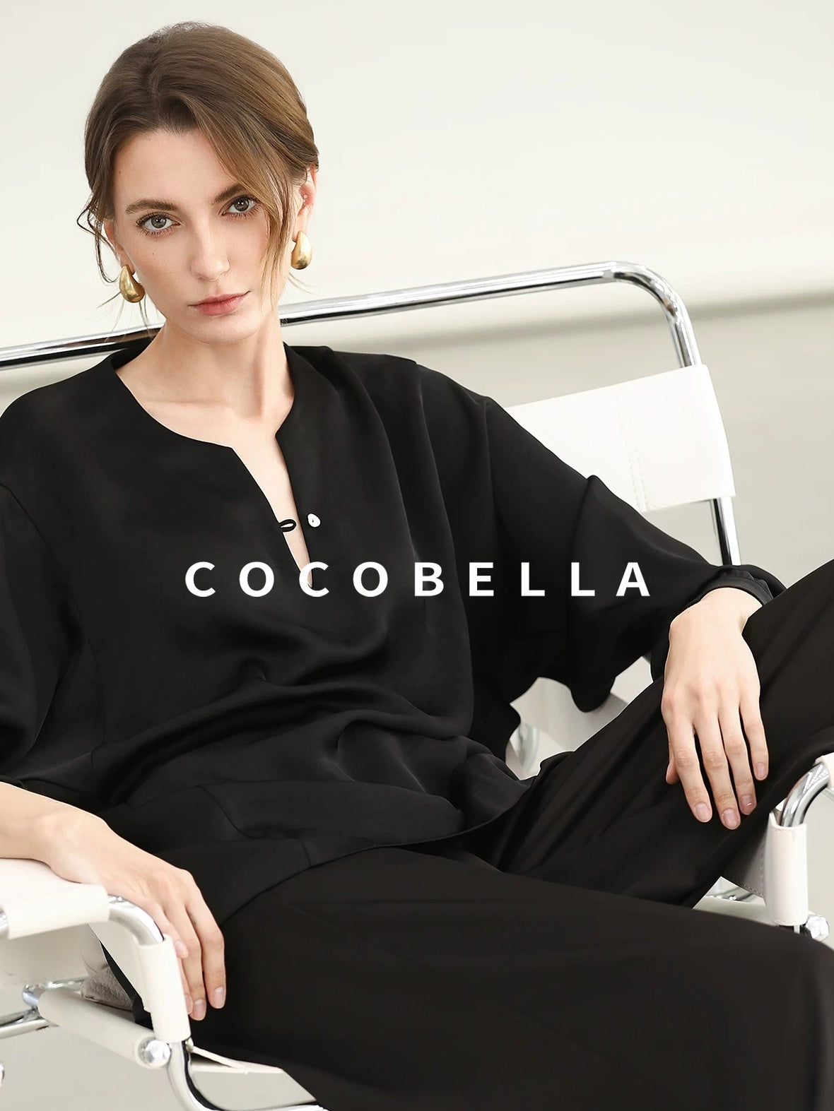 COCOBELLA V Neck Long Sleeve 100% Polyester Straight Fit Office Women Solid Color T-Shirts