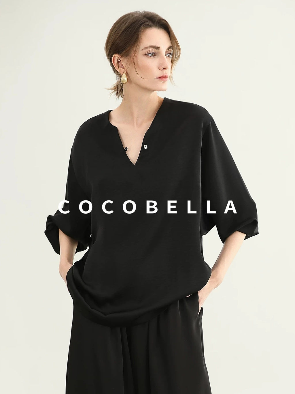 COCOBELLA V Neck Long Sleeve 100% Polyester Straight Fit Office Women Solid Color T-Shirts