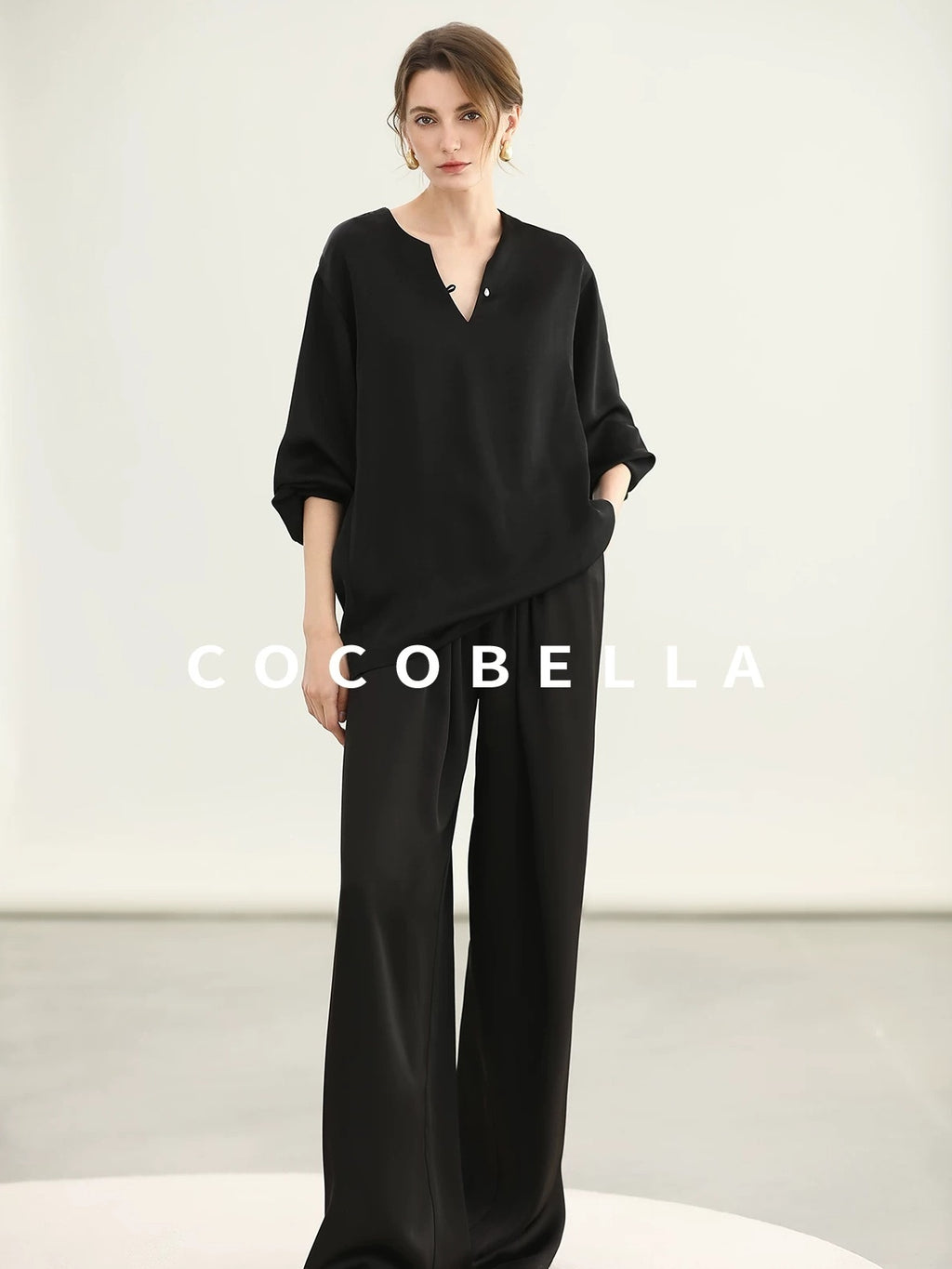 COCOBELLA V Neck Long Sleeve 100% Polyester Straight Fit Office Women Solid Color T-Shirts