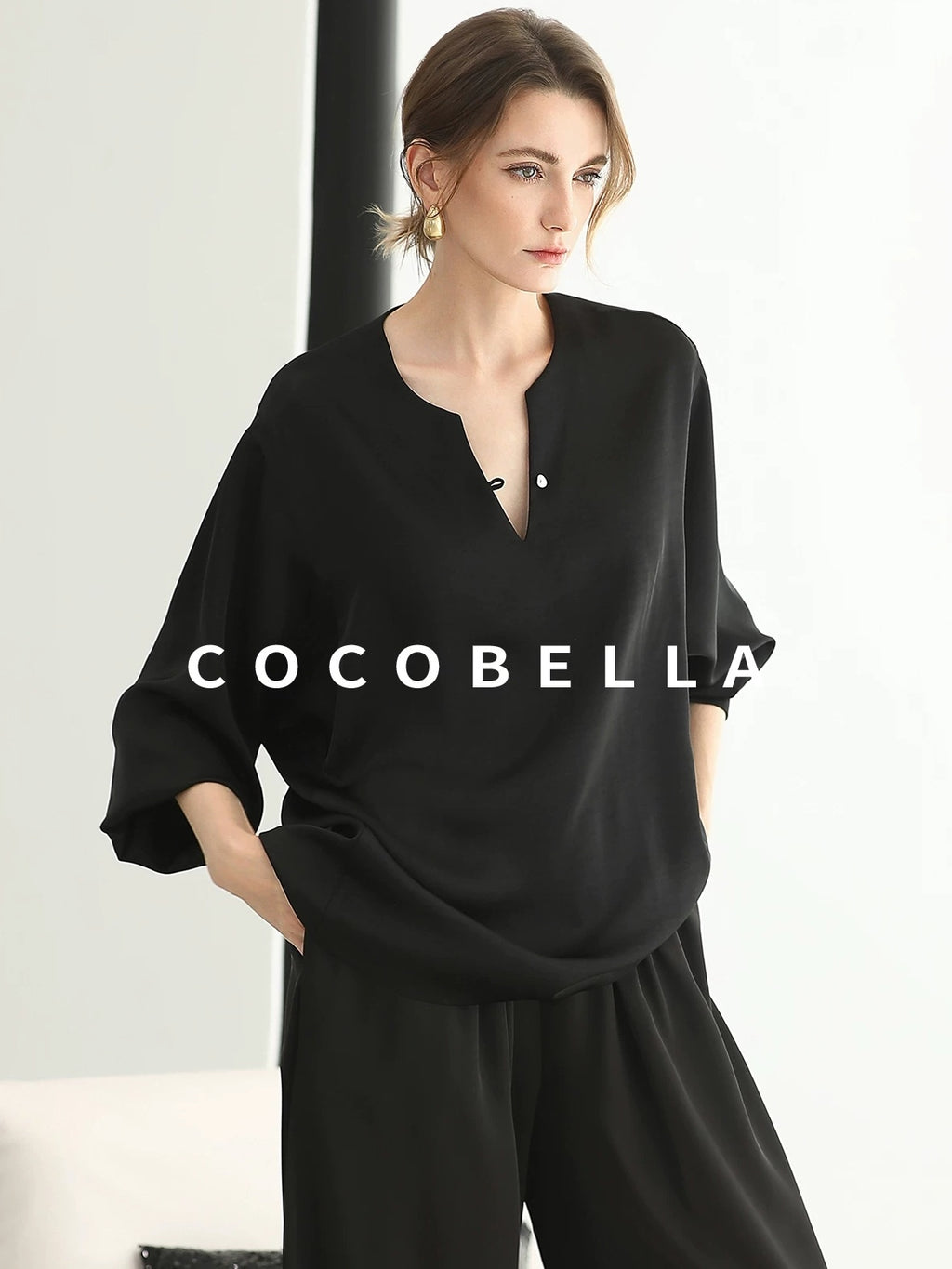 COCOBELLA V Neck Long Sleeve 100% Polyester Straight Fit Office Women Solid Color T-Shirts