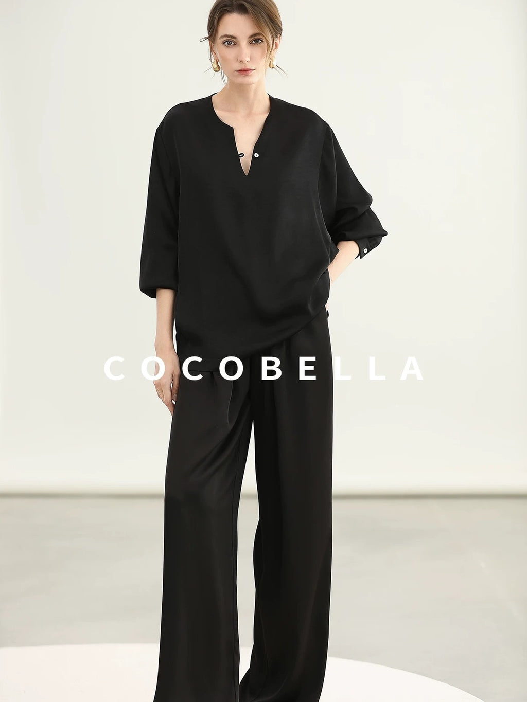 COCOBELLA V Neck Long Sleeve 100% Polyester Straight Fit Office Women Solid Color T-Shirts