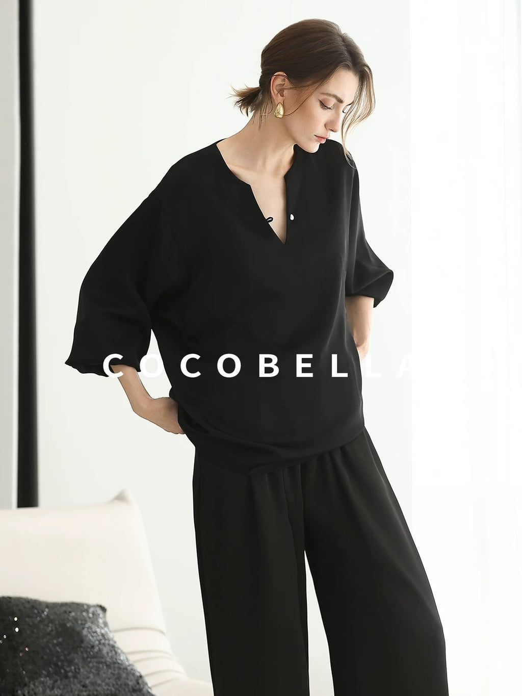 COCOBELLA V Neck Long Sleeve 100% Polyester Straight Fit Office Women Solid Color T-Shirts