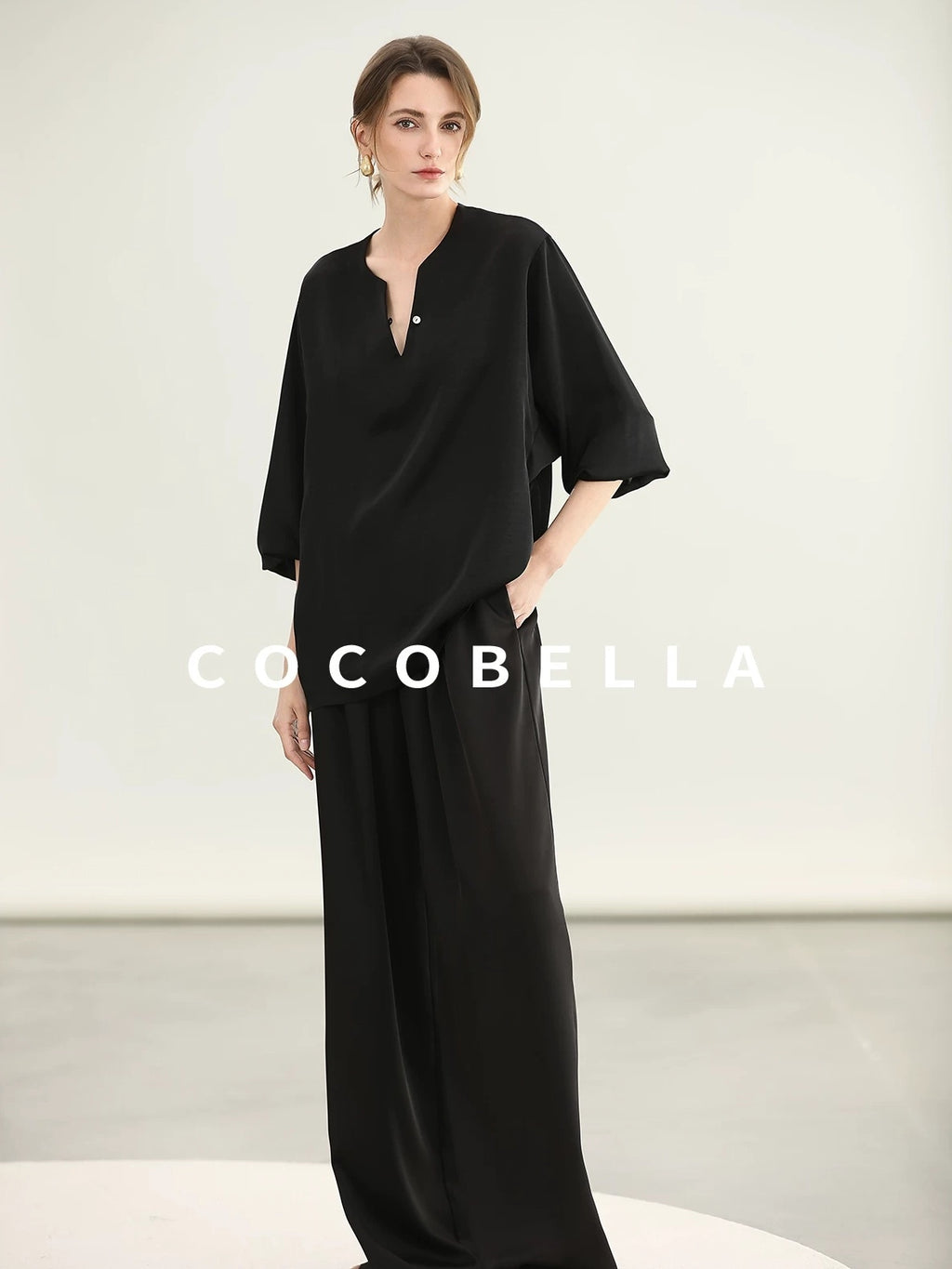 COCOBELLA V Neck Long Sleeve 100% Polyester Straight Fit Office Women Solid Color T-Shirts