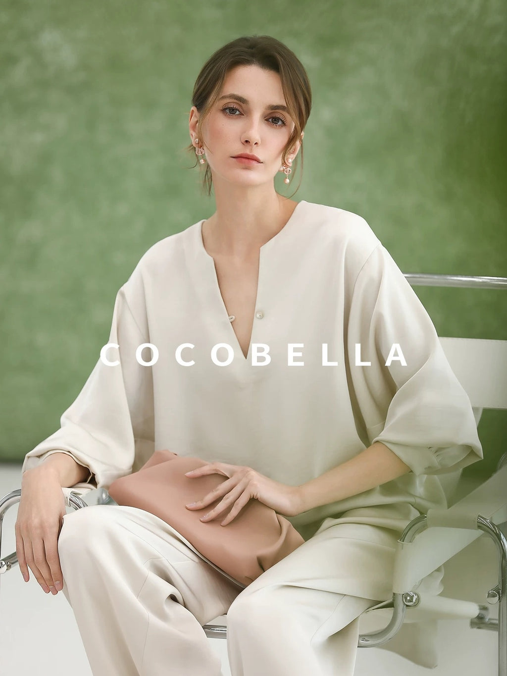 COCOBELLA V Neck Long Sleeve 100% Polyester Straight Fit Office Women Solid Color T-Shirts