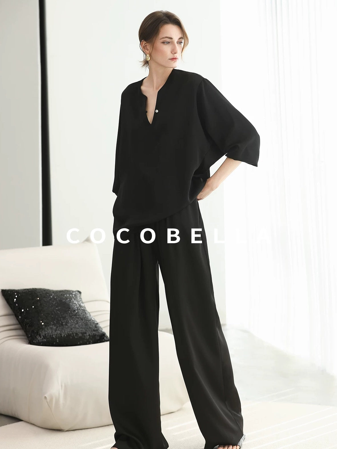 COCOBELLA V Neck Long Sleeve 100% Polyester Straight Fit Office Women Solid Color T-Shirts