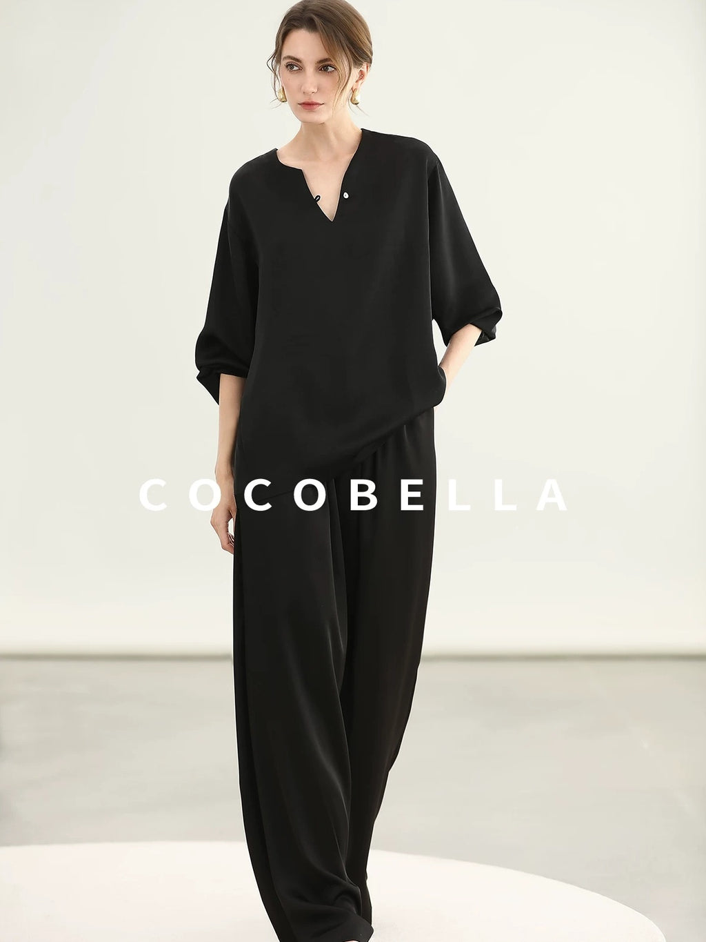 COCOBELLA V Neck Long Sleeve 100% Polyester Straight Fit Office Women Solid Color T-Shirts