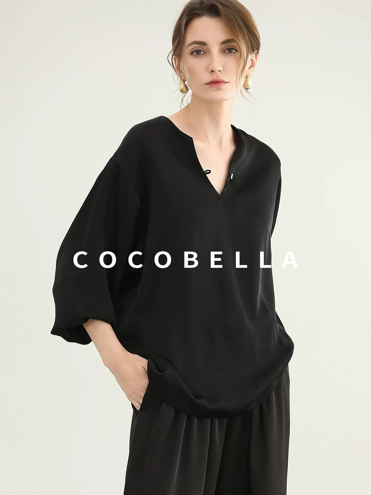 COCOBELLA V Neck Long Sleeve 100% Polyester Straight Fit Office Women Solid Color T-Shirts