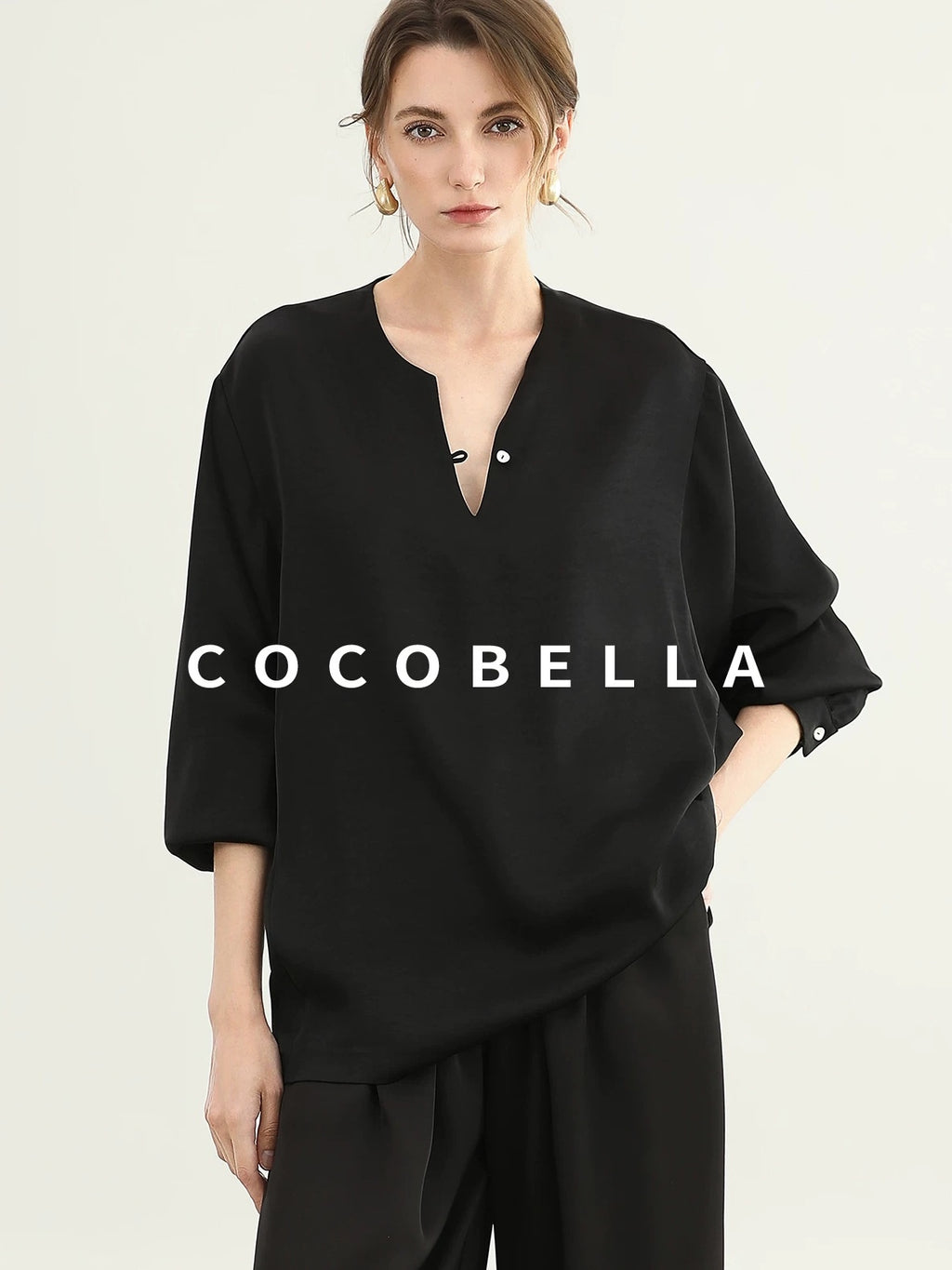 COCOBELLA V Neck Long Sleeve 100% Polyester Straight Fit Office Women Solid Color T-Shirts
