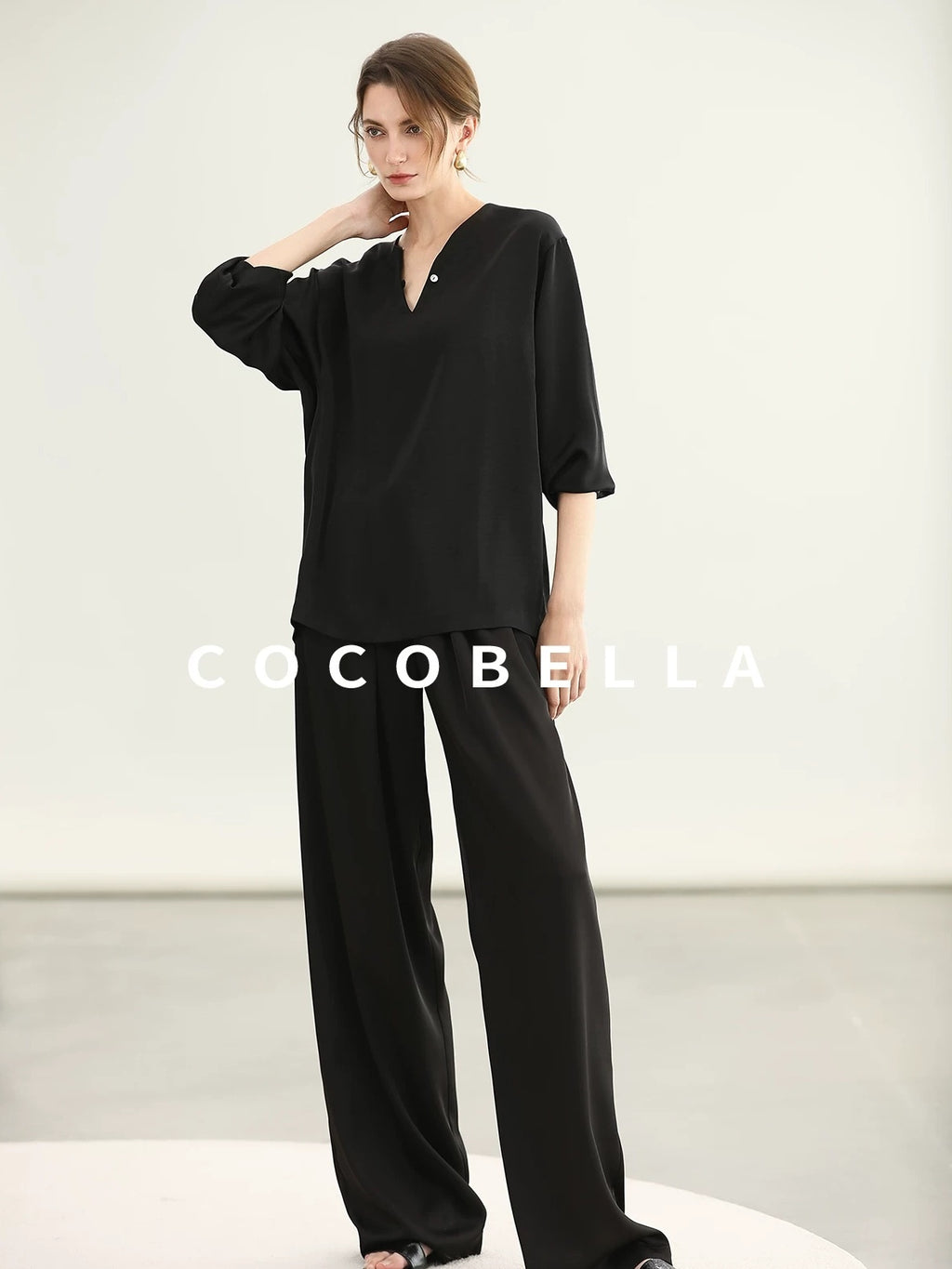 COCOBELLA V Neck Long Sleeve 100% Polyester Straight Fit Office Women Solid Color T-Shirts