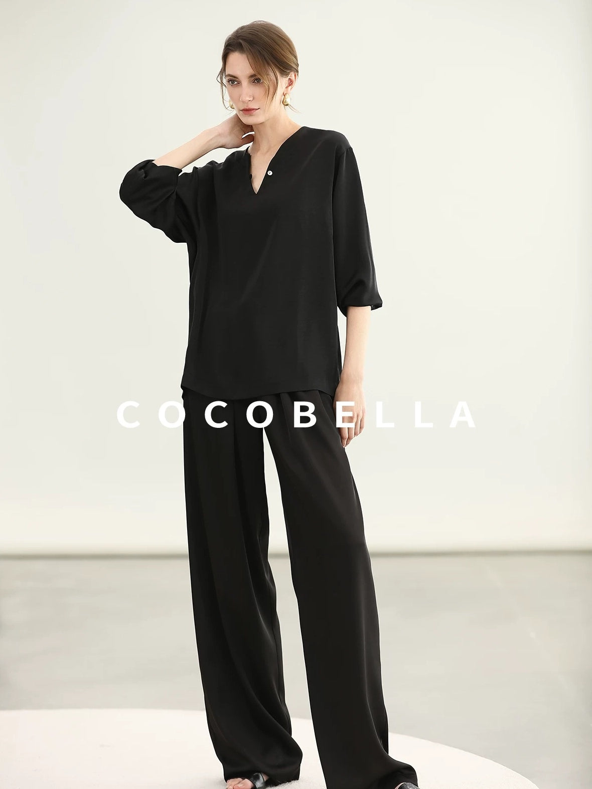 COCOBELLA V Neck Long Sleeve 100% Polyester Straight Fit Office Women Solid Color T-Shirts