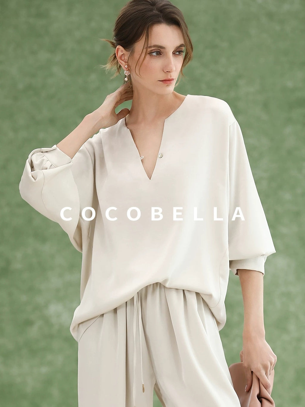 COCOBELLA V Neck Long Sleeve Straight Fit Office Work Polyester Women Solid T-Shirts