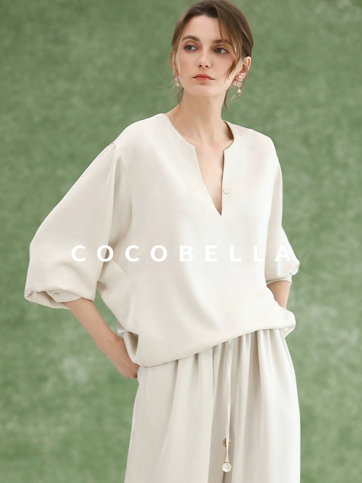 COCOBELLA V Neck Long Sleeve Straight Fit Office Work Polyester Women Solid T-Shirts