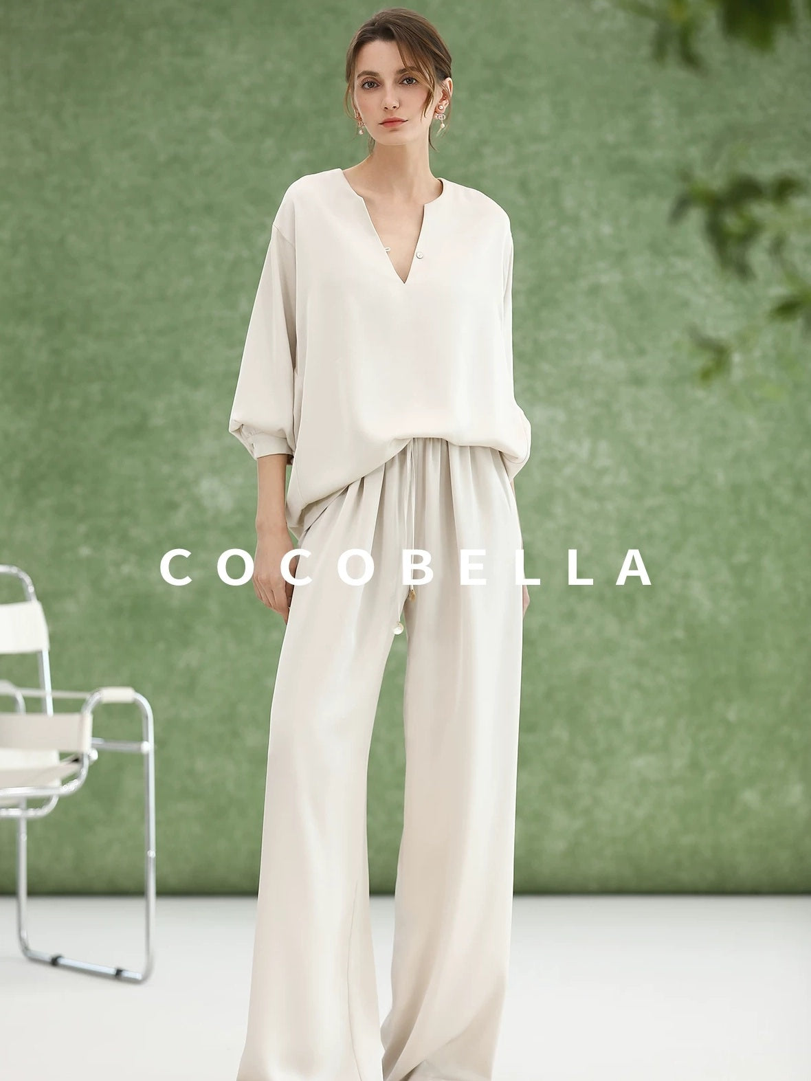 COCOBELLA V Neck Long Sleeve Straight Fit Office Work Polyester Women Solid T-Shirts