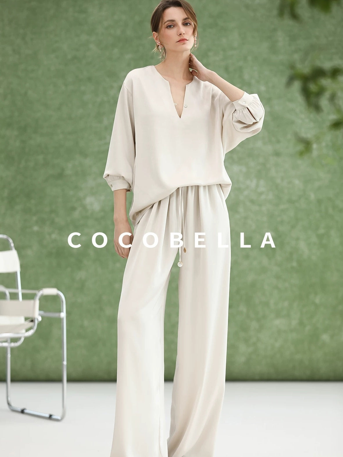 COCOBELLA V Neck Long Sleeve Straight Fit Office Work Polyester Women Solid T-Shirts