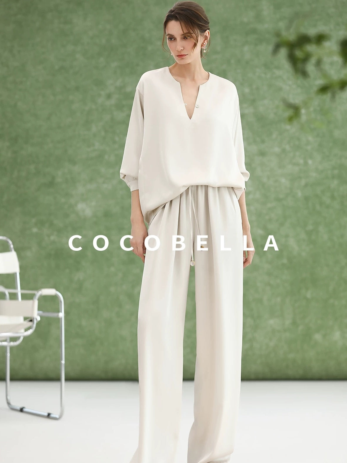 COCOBELLA V Neck Long Sleeve Straight Fit Office Work Polyester Women Solid T-Shirts