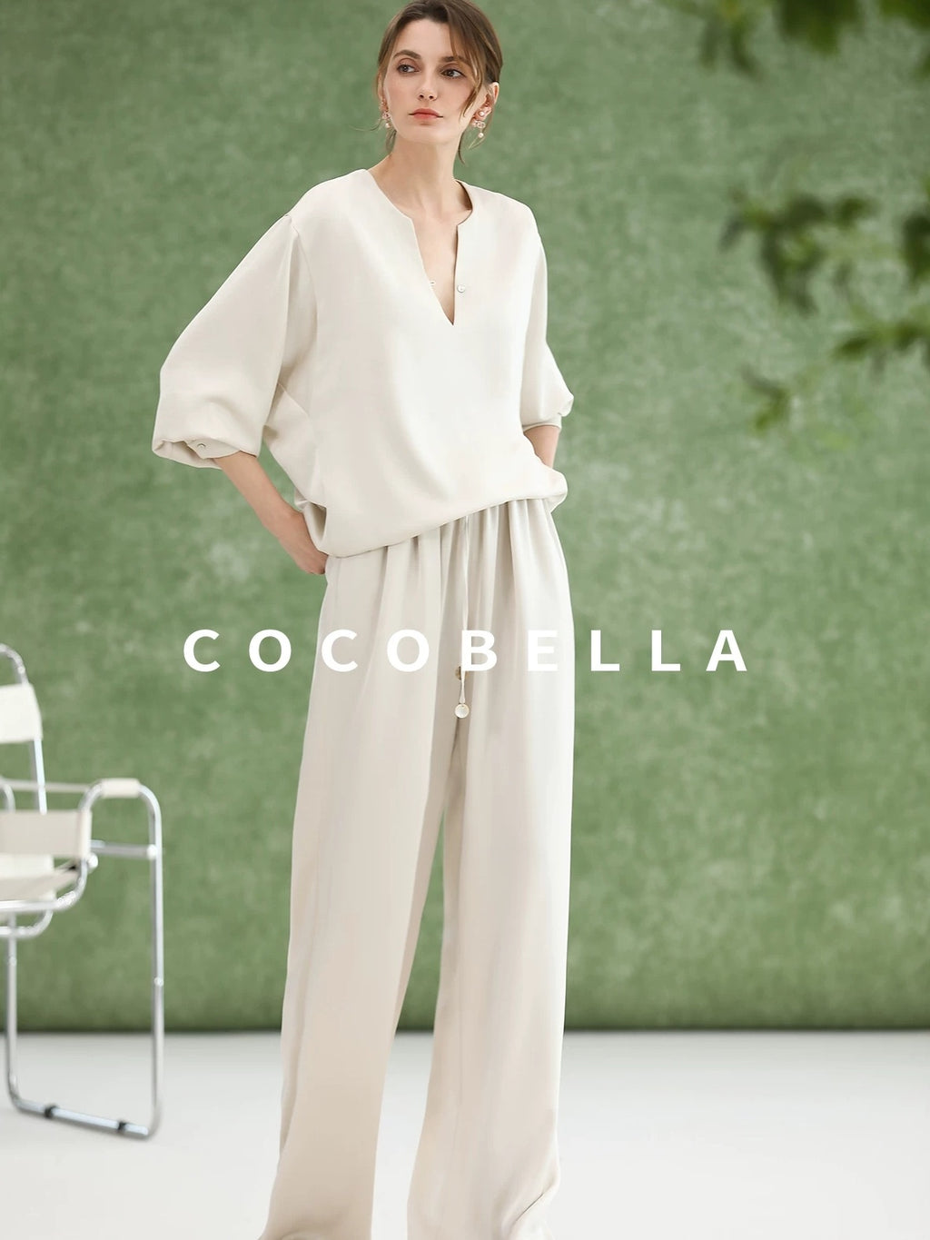 COCOBELLA V Neck Long Sleeve Straight Fit Office Work Polyester Women Solid T-Shirts