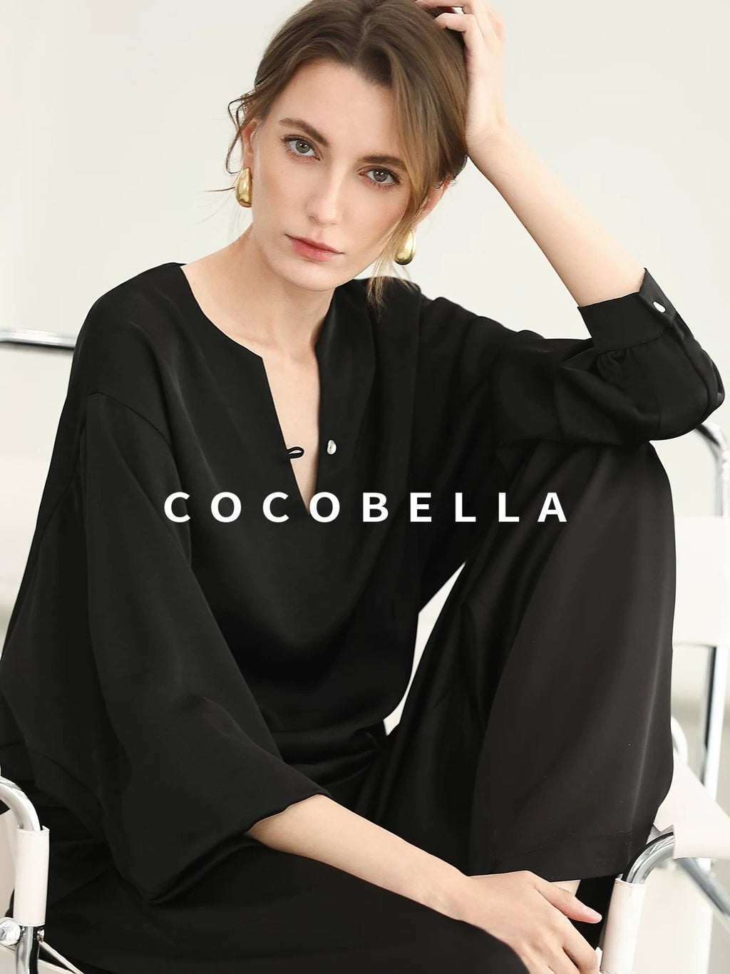COCOBELLA V Neck Long Sleeve Straight Fit Office Work Polyester Women Solid T-Shirts