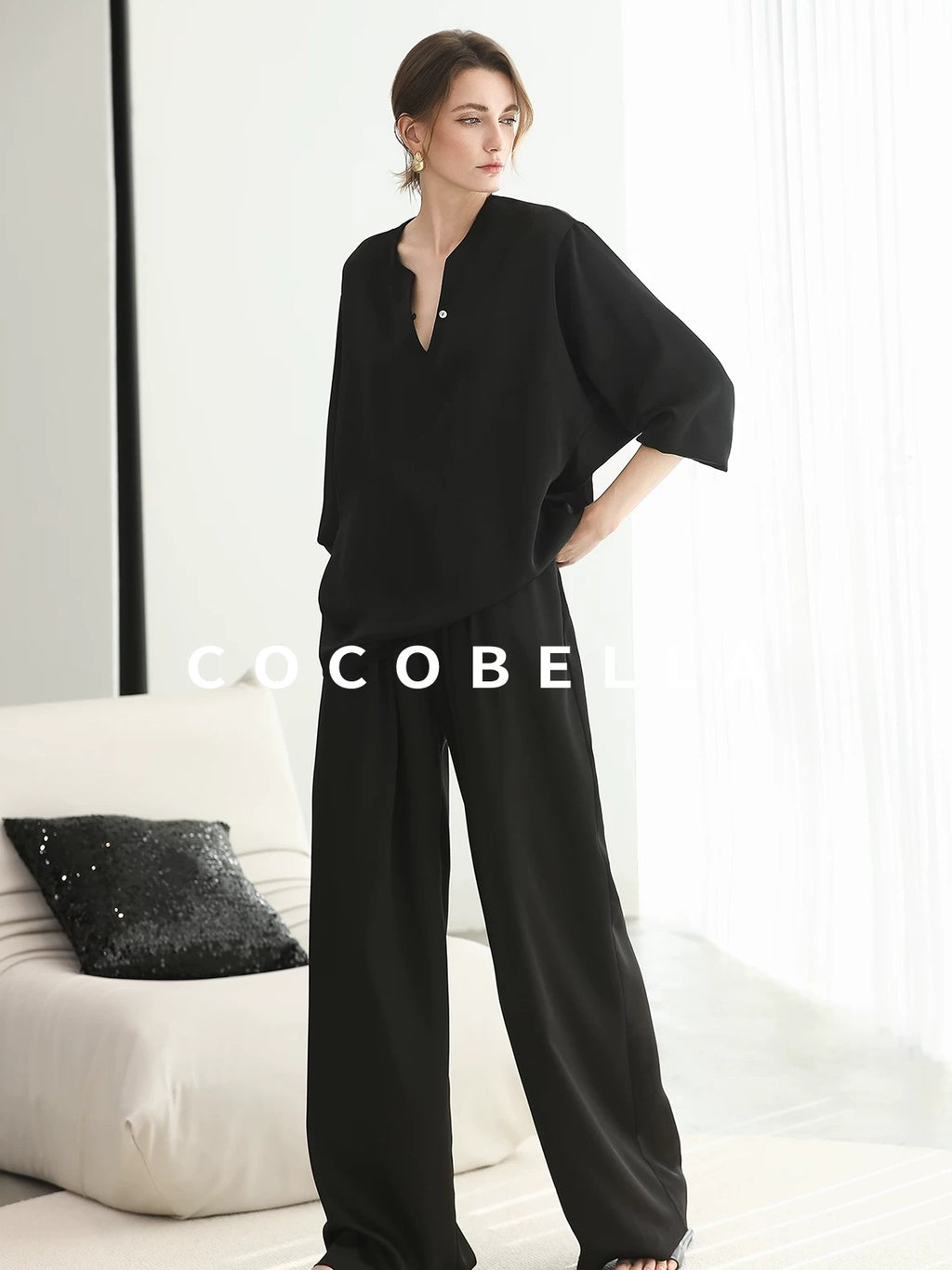 COCOBELLA V Neck Long Sleeve Straight Fit Office Work Polyester Women Solid T-Shirts