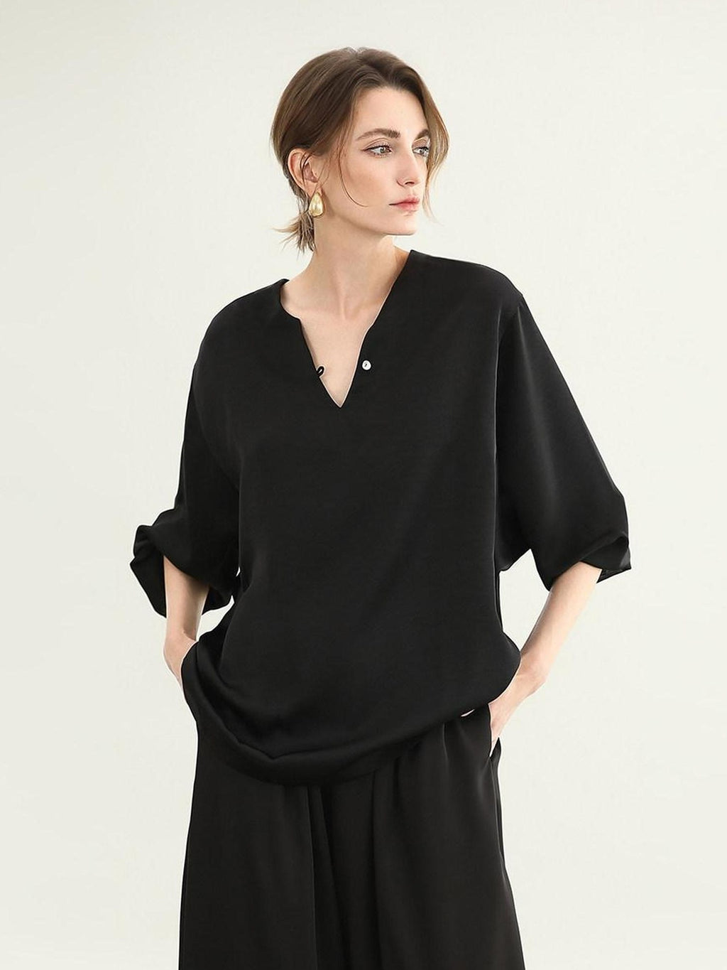 COCOBELLA V Neck Long Sleeve Straight Fit Office Work Polyester Women Solid T-Shirts