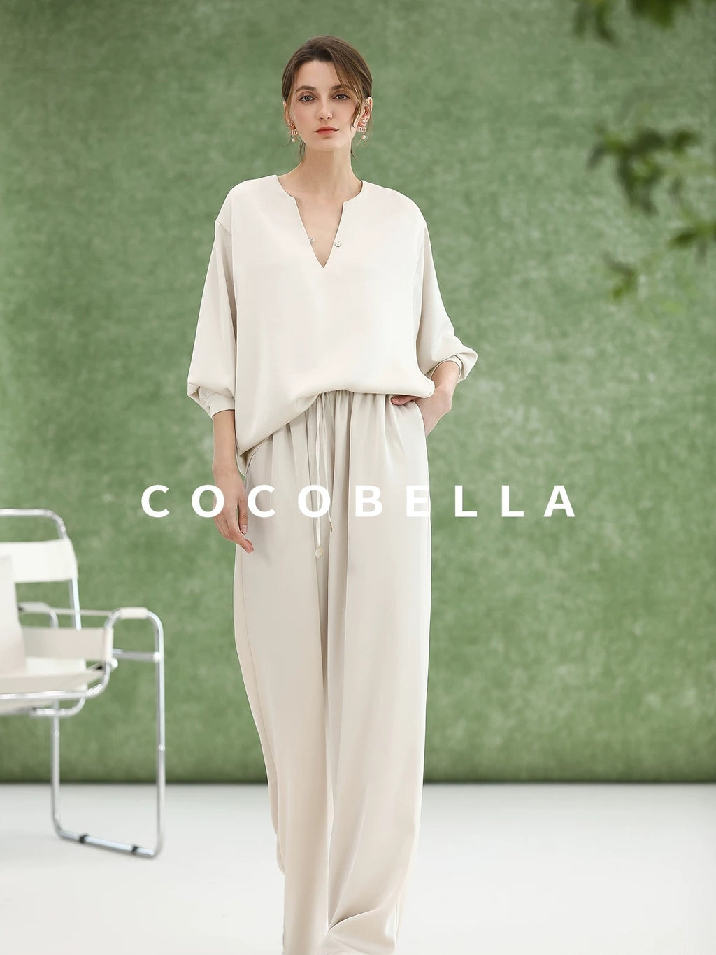 COCOBELLA V Neck Long Sleeve Straight Fit Office Work Polyester Women Solid T-Shirts