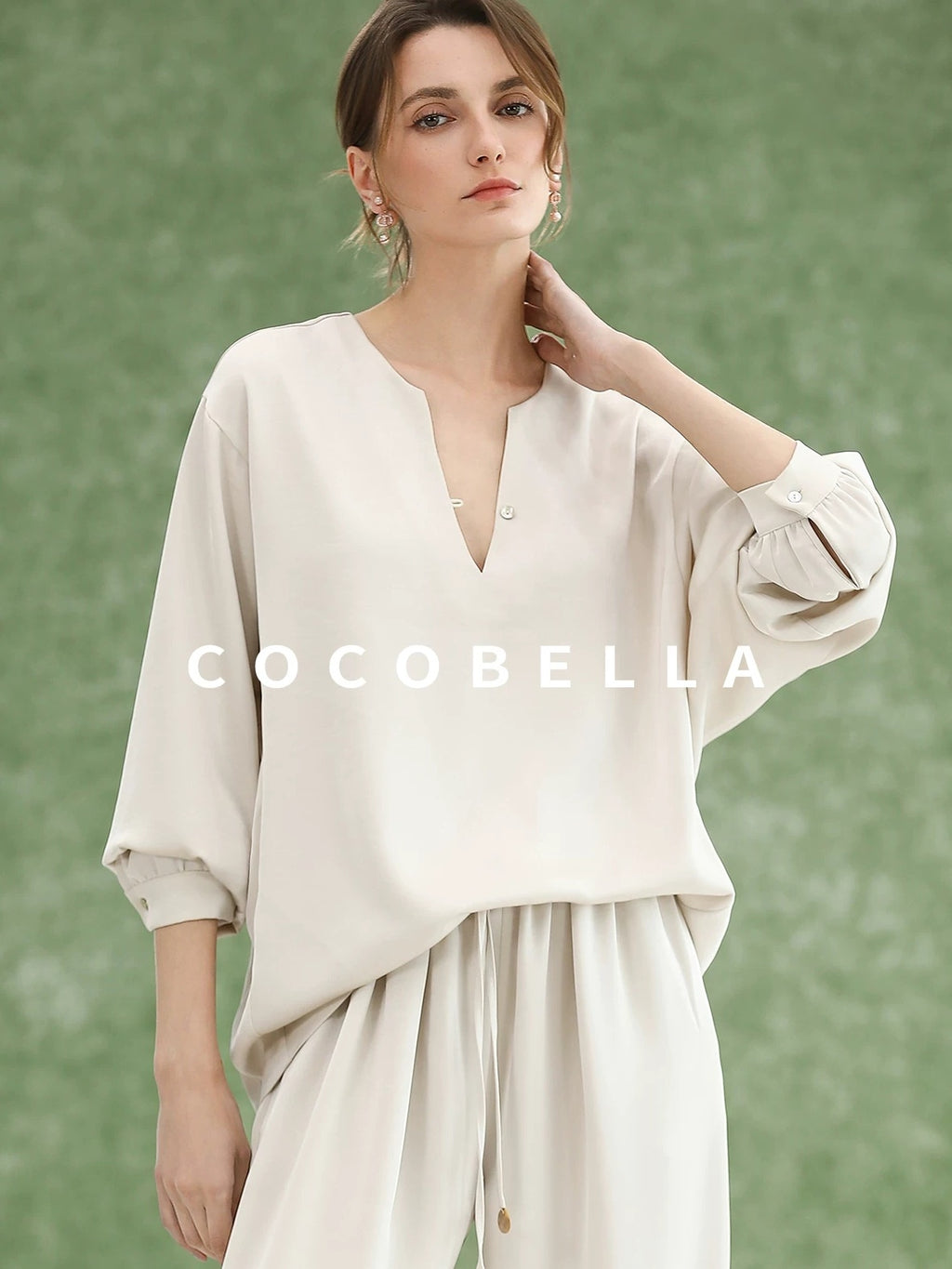 COCOBELLA V Neck Long Sleeve Straight Fit Office Work Polyester Women Solid T-Shirts