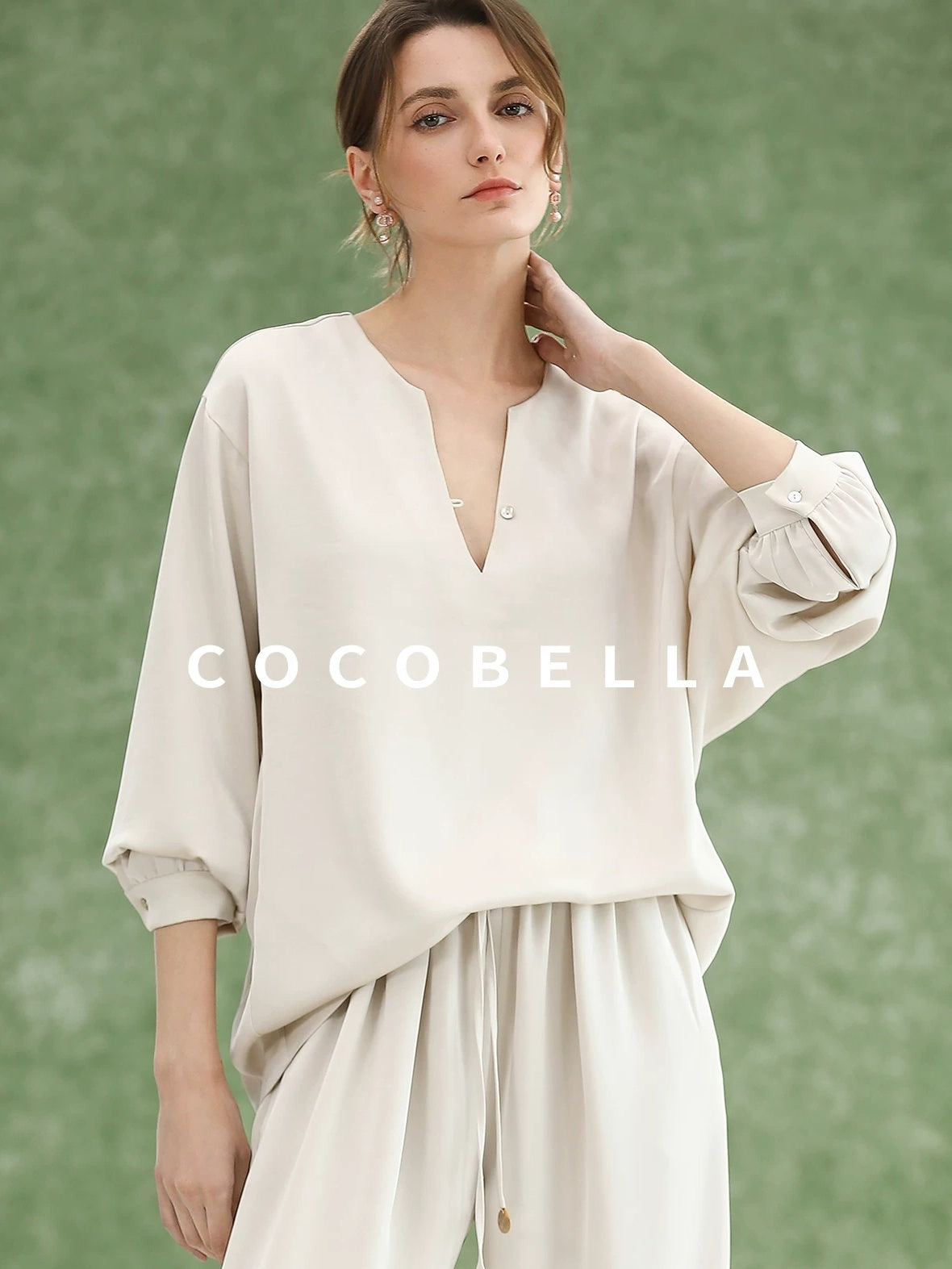 COCOBELLA V Neck Long Sleeve Straight Fit Office Work Polyester Women Solid T-Shirts