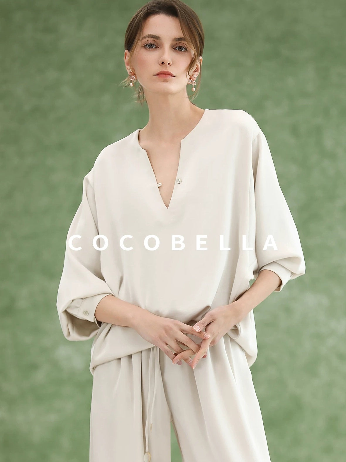 COCOBELLA V Neck Long Sleeve Straight Fit Office Work Polyester Women Solid T-Shirts