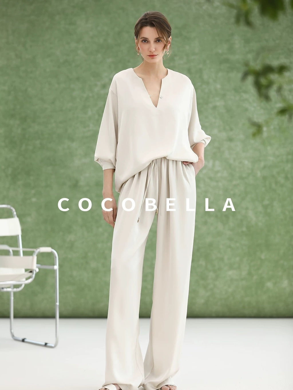 COCOBELLA V Neck Long Sleeve Straight Fit Office Work Polyester Women Solid T-Shirts