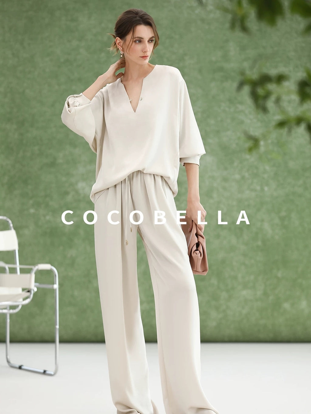 COCOBELLA V Neck Long Sleeve Straight Fit Office Work Polyester Women Solid T-Shirts