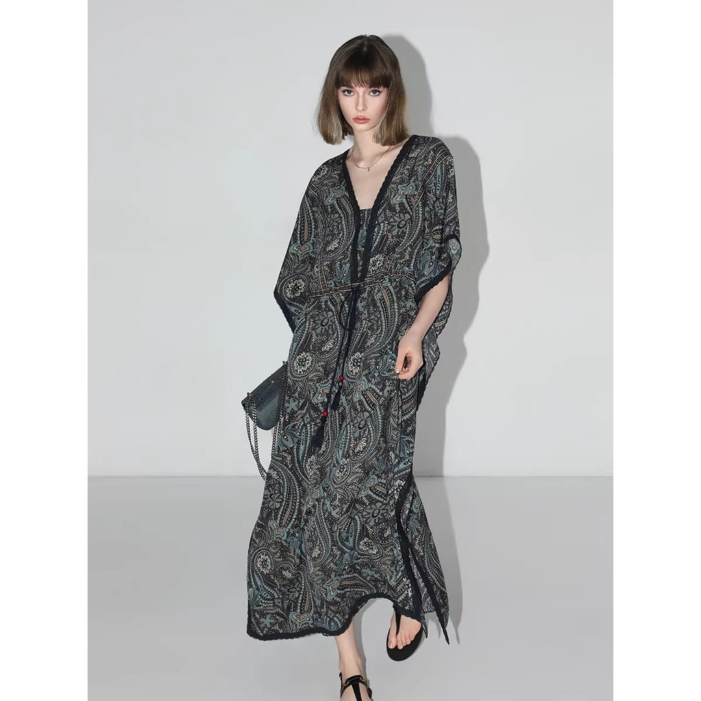 COCOBELLA_V_Neck_Tassel_Lace_Print_Vacation_A_Line_Loose_Prussian_Blue_Work_Dresses_MISSTT