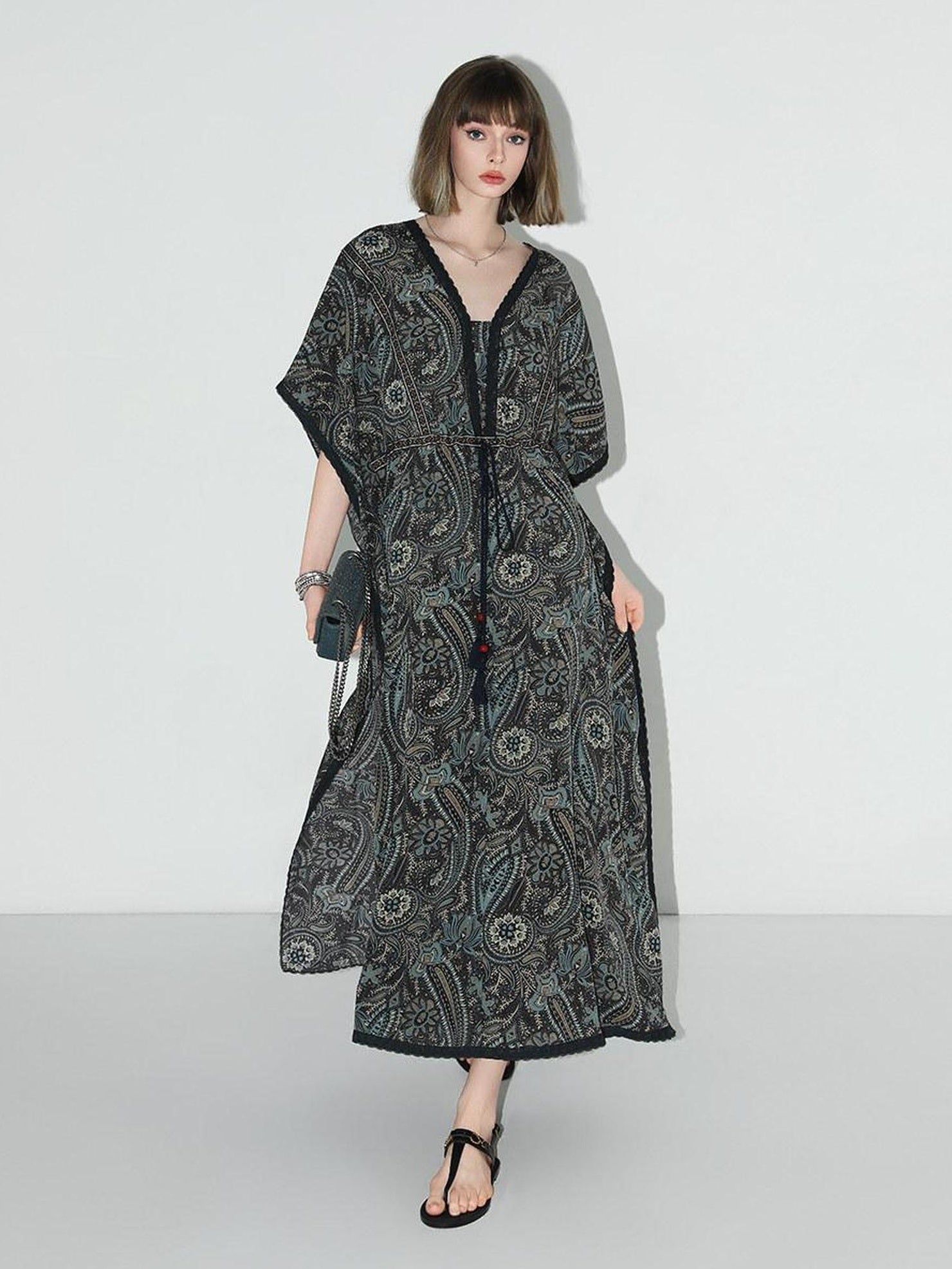 COCOBELLA V Neck Tassel Lace Print Vacation A Line Loose Prussian Blue Work Dresses