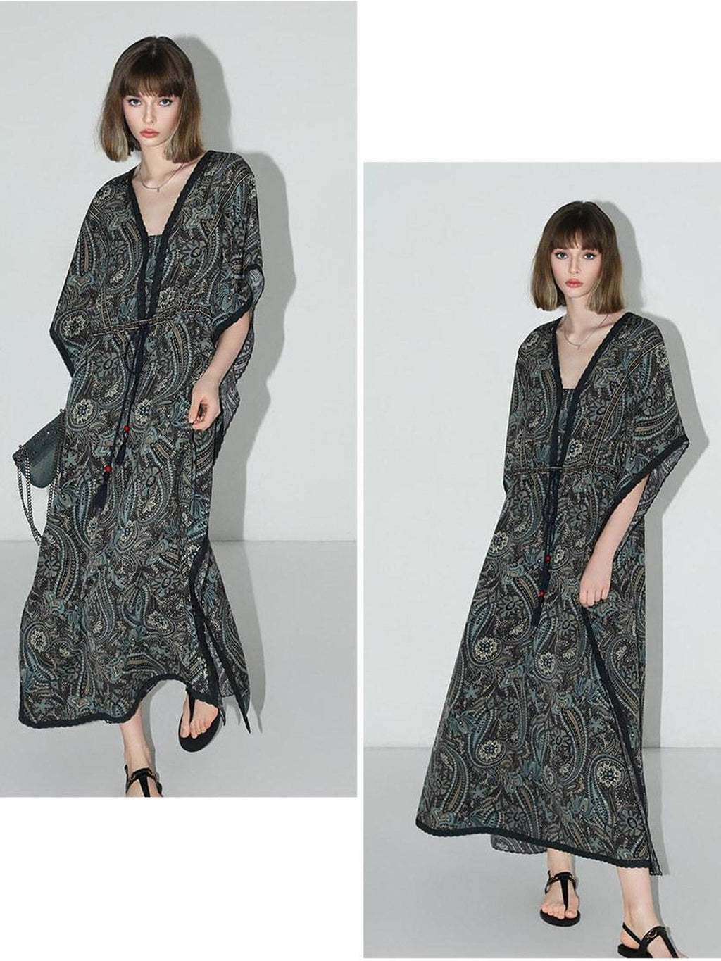 COCOBELLA V Neck Tassel Lace Print Vacation A Line Loose Prussian Blue Work Dresses