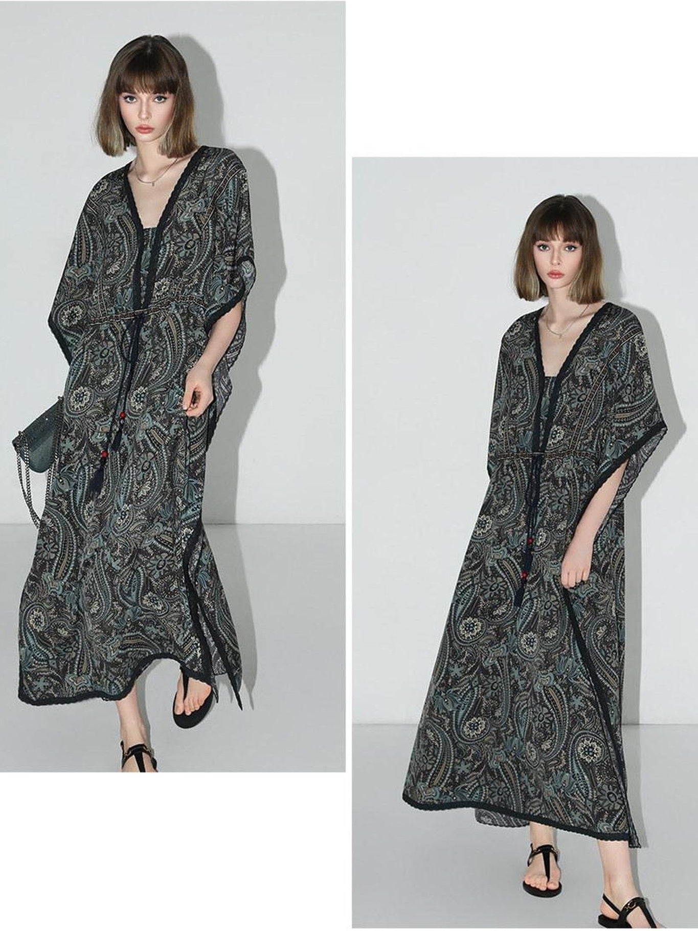 COCOBELLA V Neck Tassel Lace Print Vacation A Line Loose Prussian Blue Work Dresses