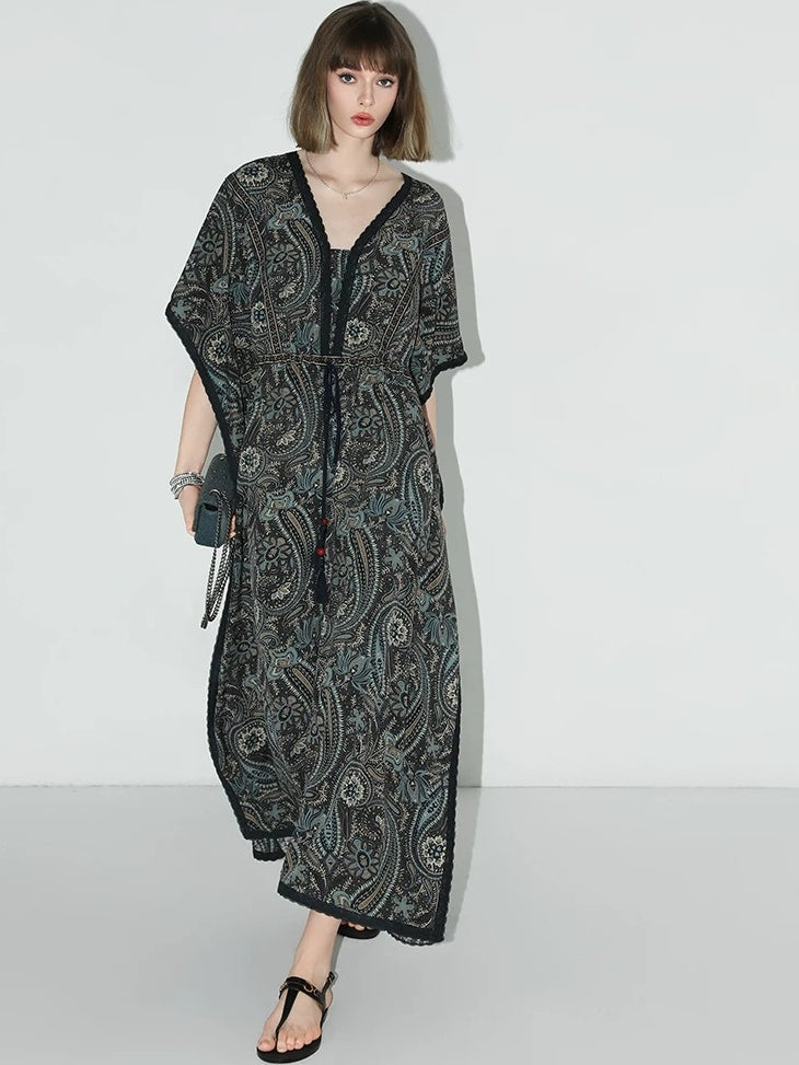 COCOBELLA V Neck Tassel Lace Print Vacation A Line Loose Prussian Blue Work Dresses