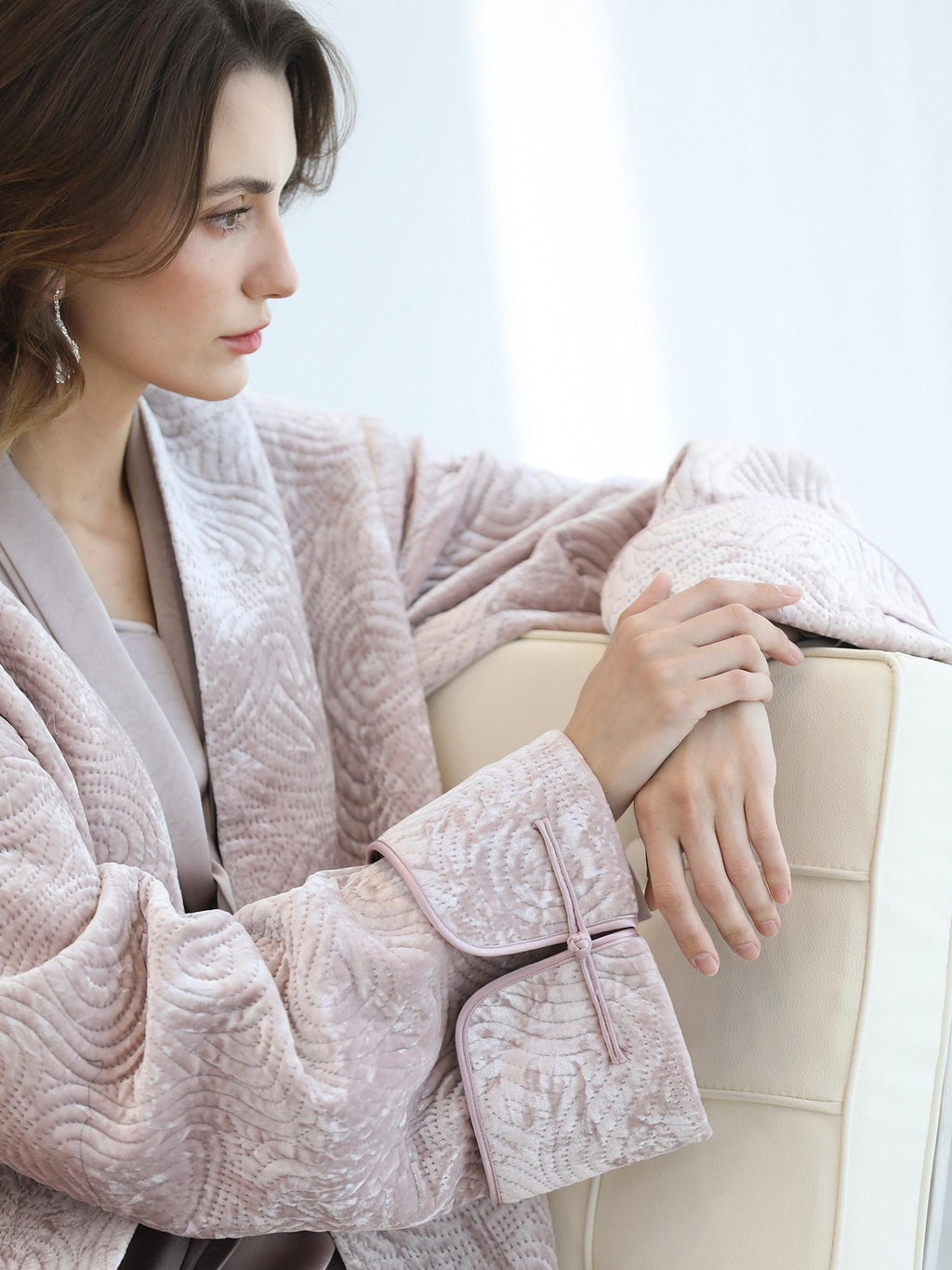 COCOBELLA Velvet Pink Insulated Loose Fit Mid Length Office Padded Jackets