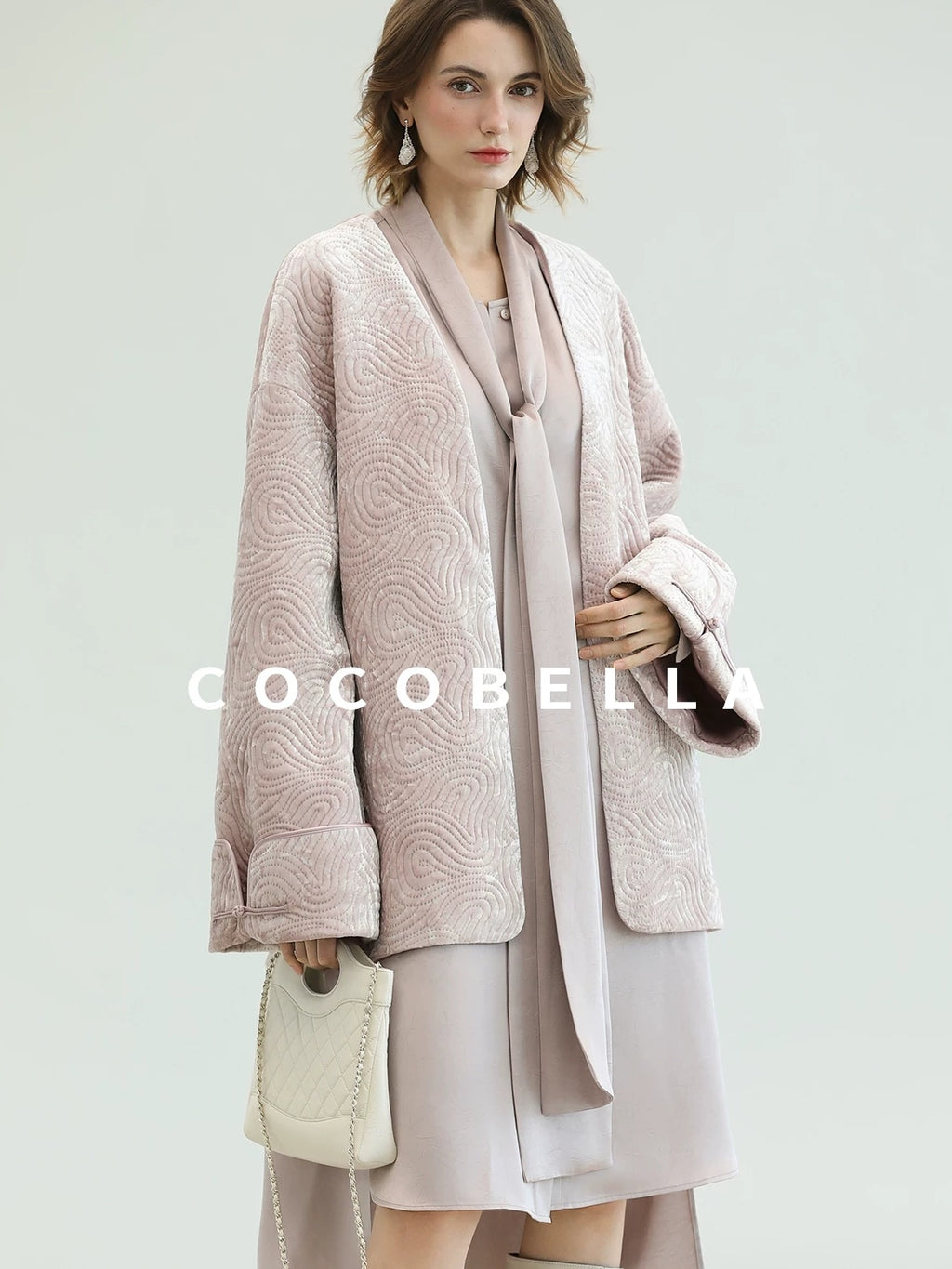 COCOBELLA Velvet Pink Insulated Loose Fit Mid Length Office Padded Jackets