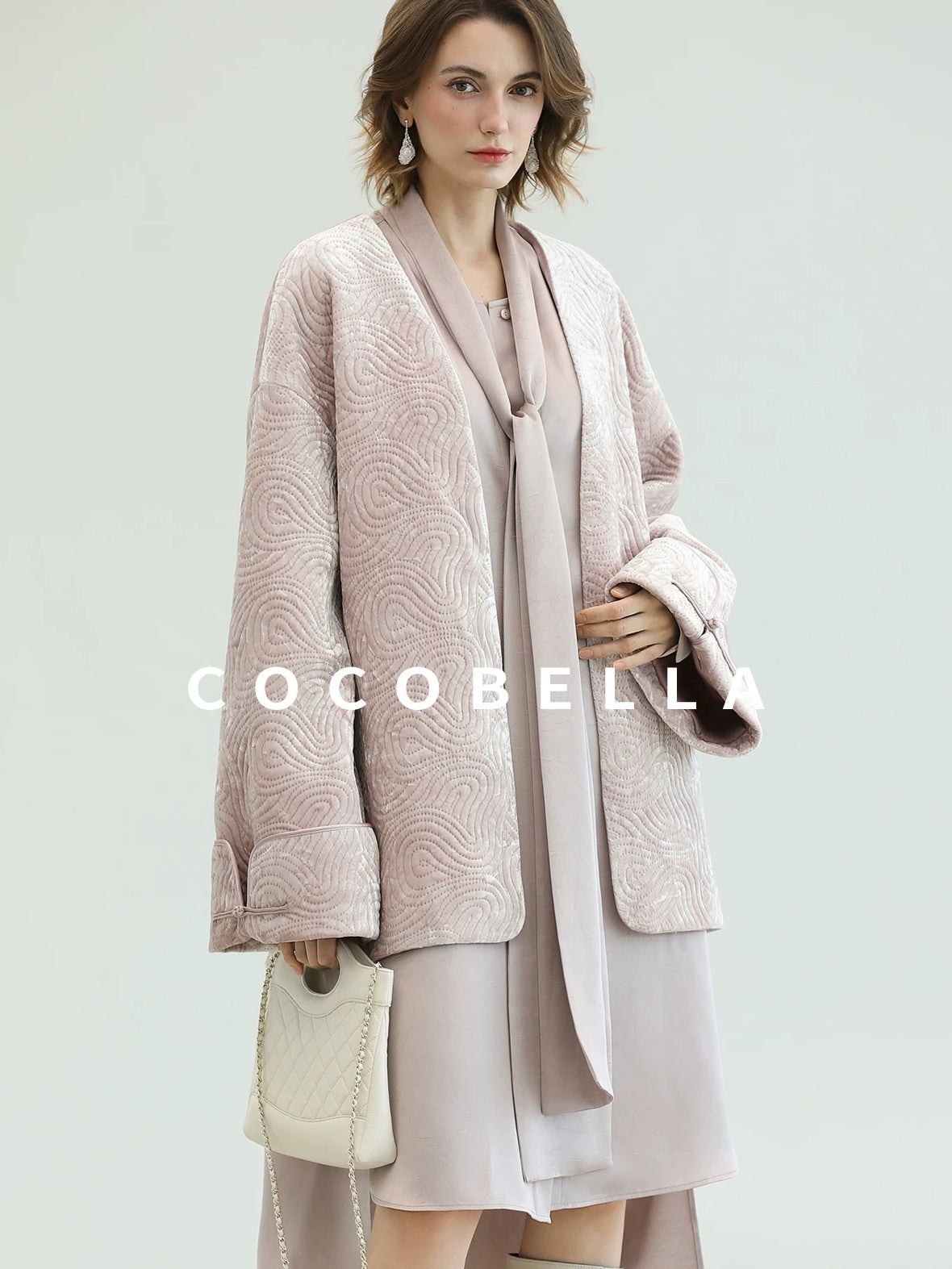 COCOBELLA Velvet Pink Insulated Loose Fit Mid Length Office Padded Jackets