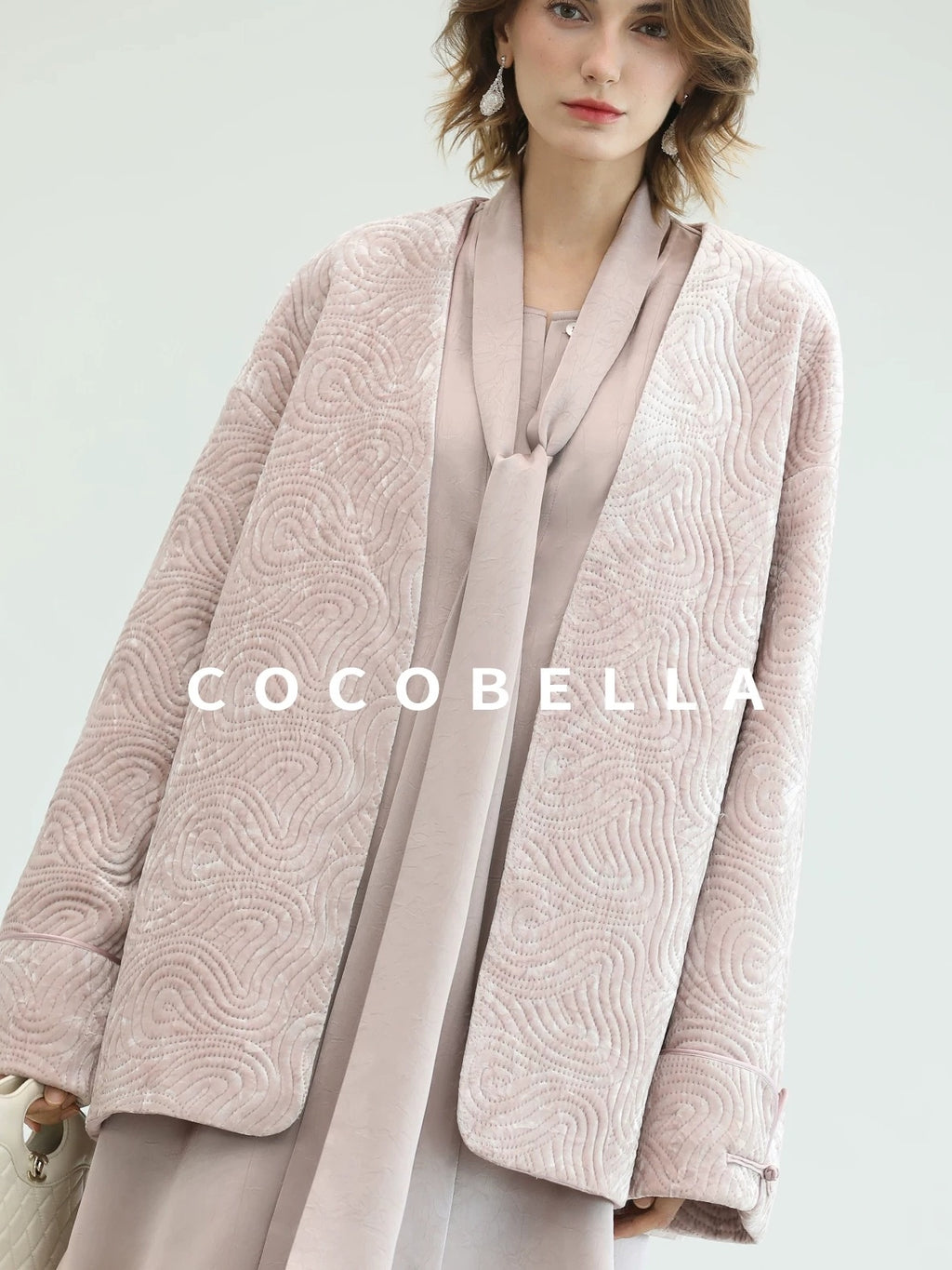 COCOBELLA Velvet Pink Insulated Loose Fit Mid Length Office Padded Jackets