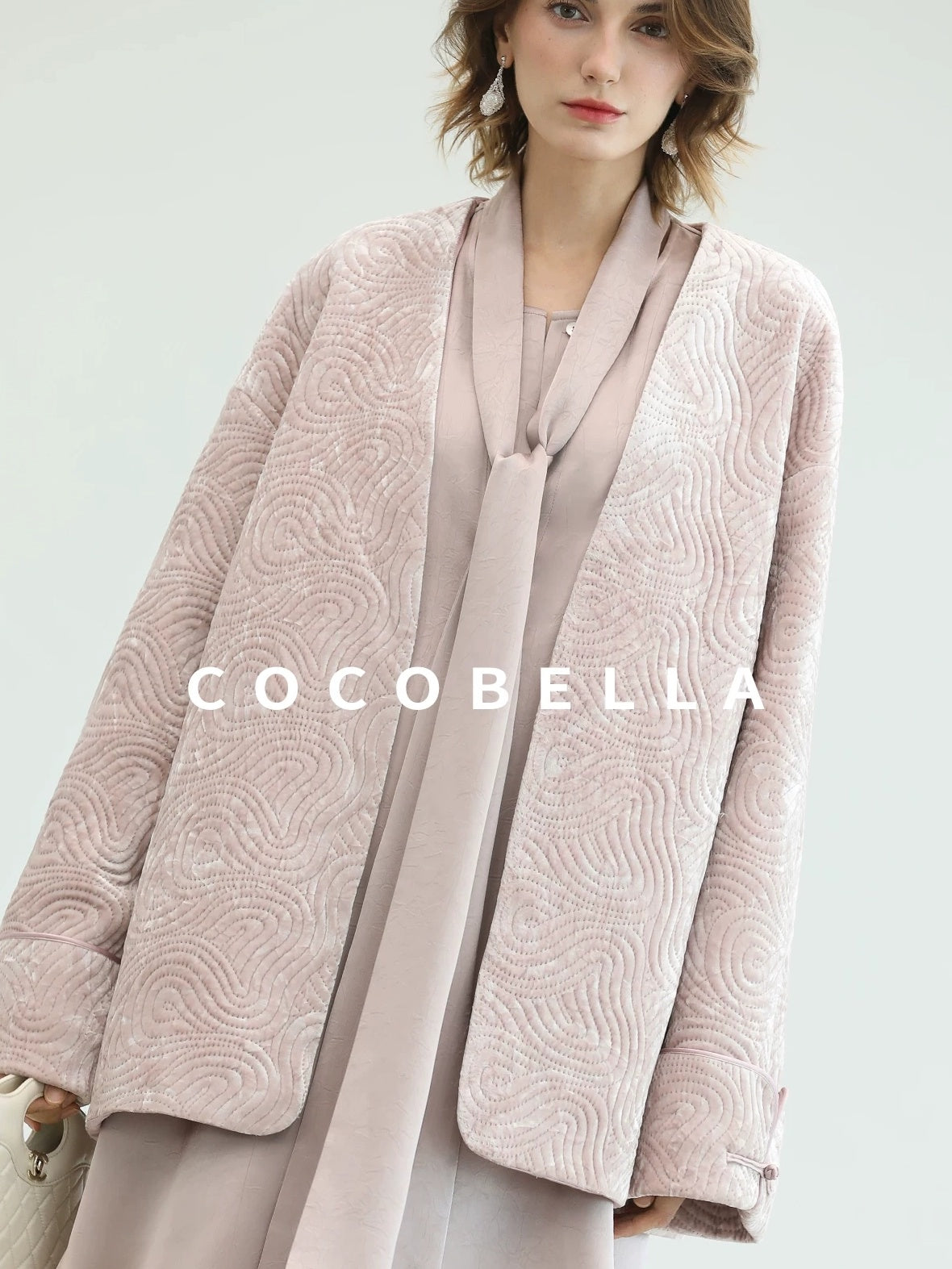 COCOBELLA Velvet Pink Insulated Loose Fit Mid Length Office Padded Jackets