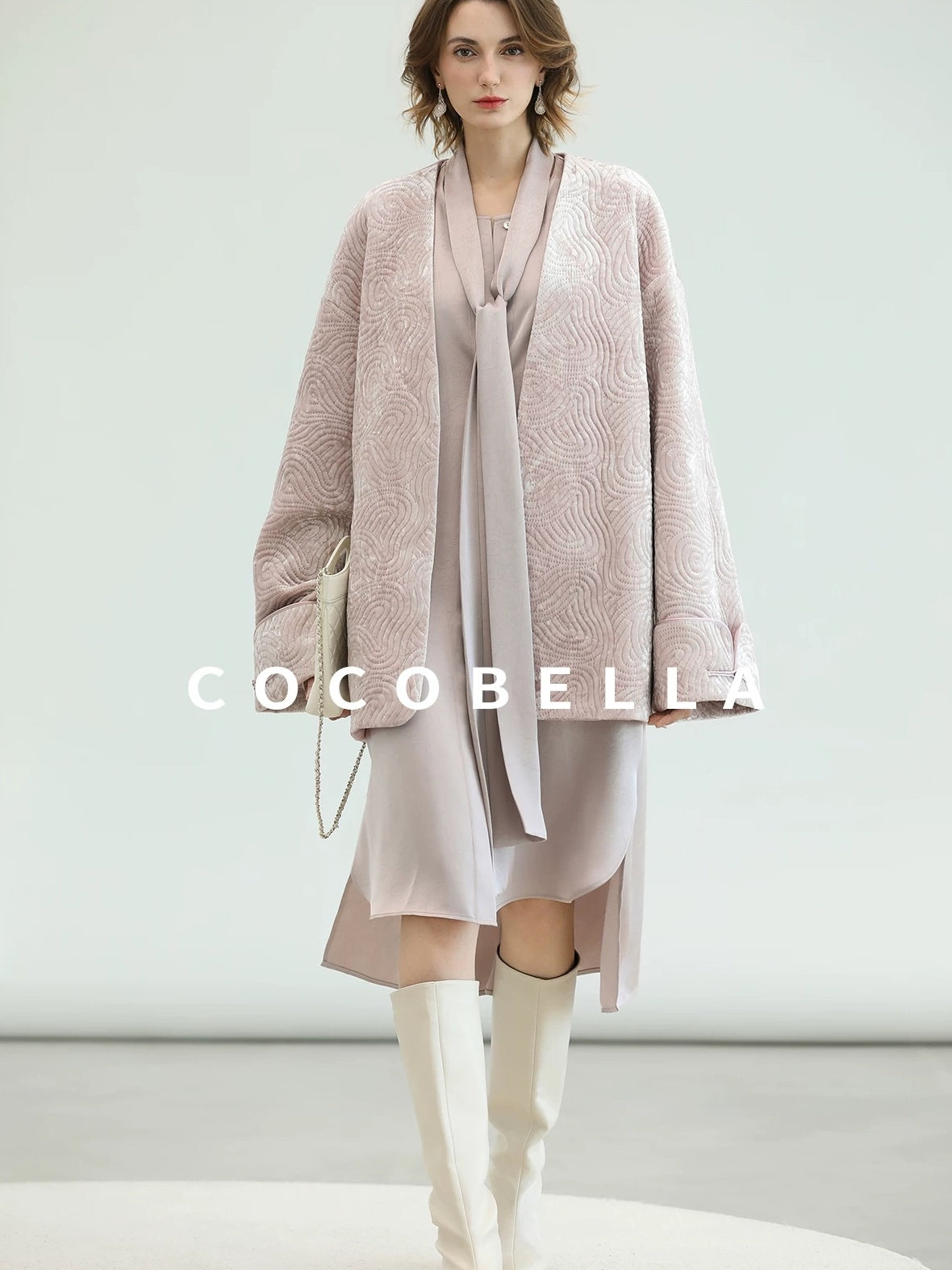 COCOBELLA Velvet Pink Insulated Loose Fit Mid Length Office Padded Jackets