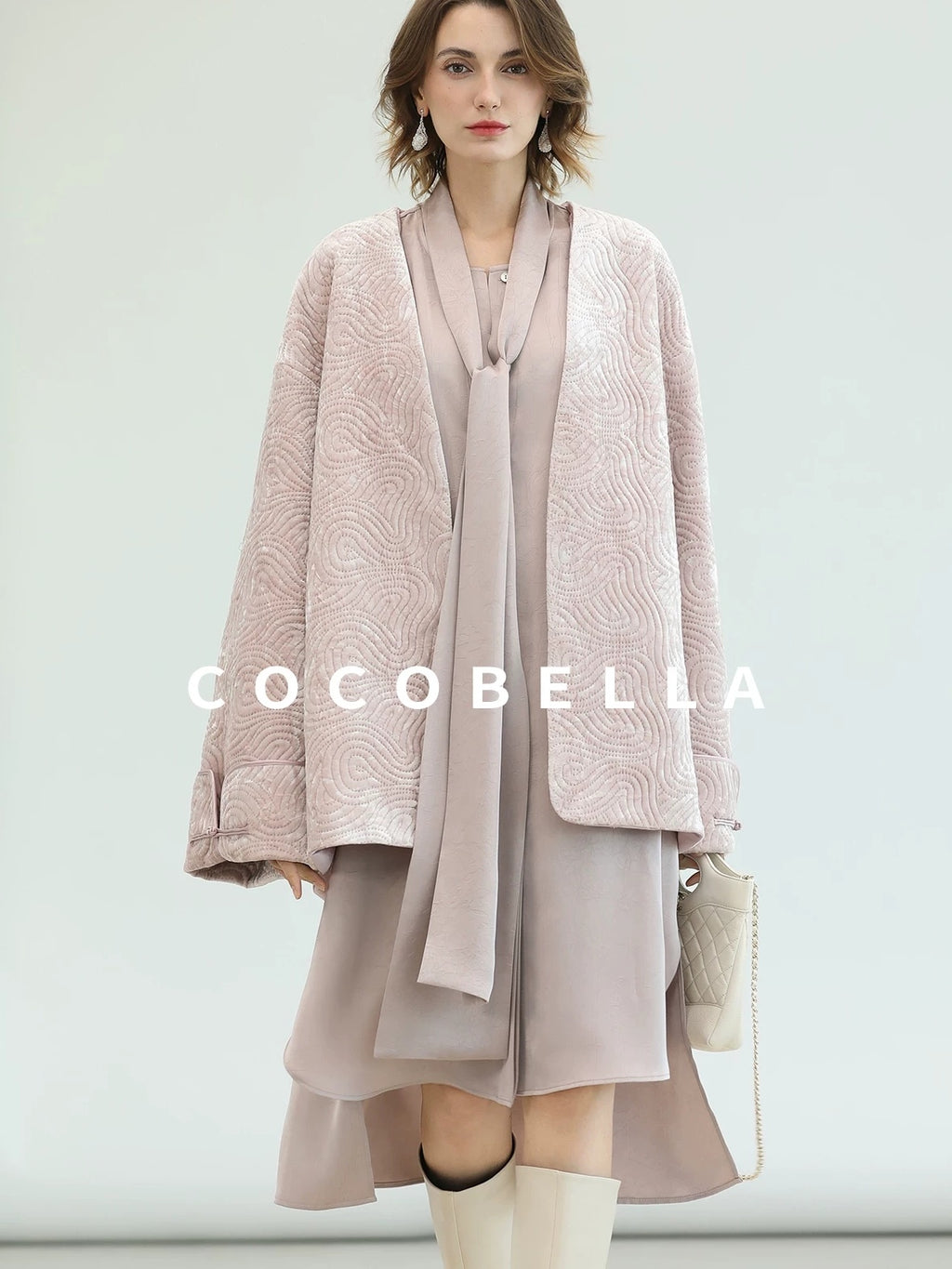 COCOBELLA Velvet Pink Insulated Loose Fit Mid Length Office Padded Jackets