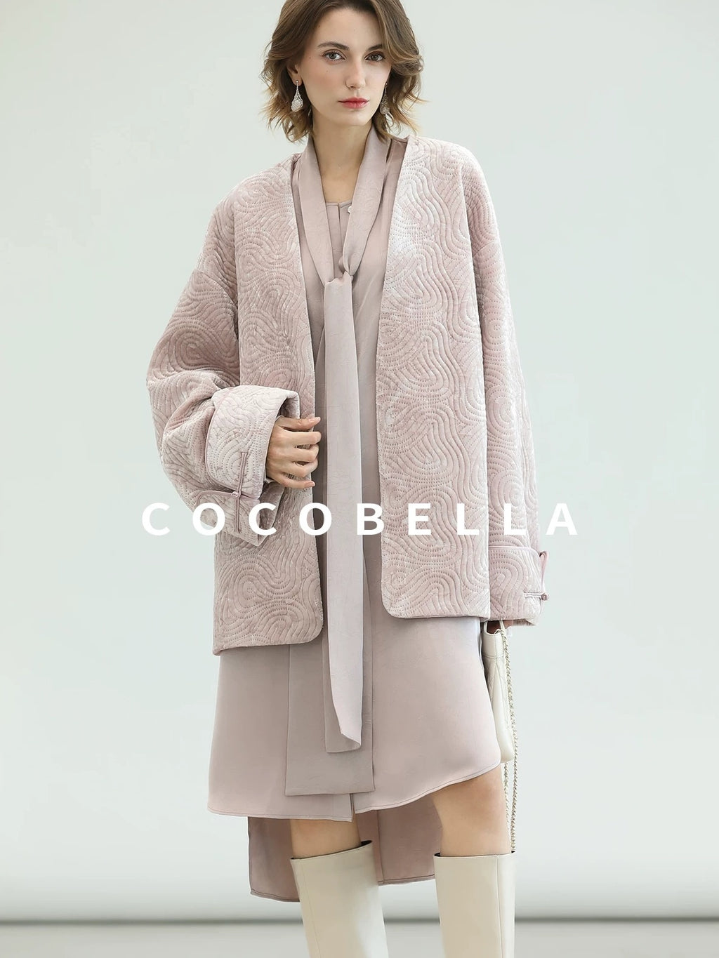 COCOBELLA Velvet Pink Insulated Loose Fit Mid Length Office Padded Jackets