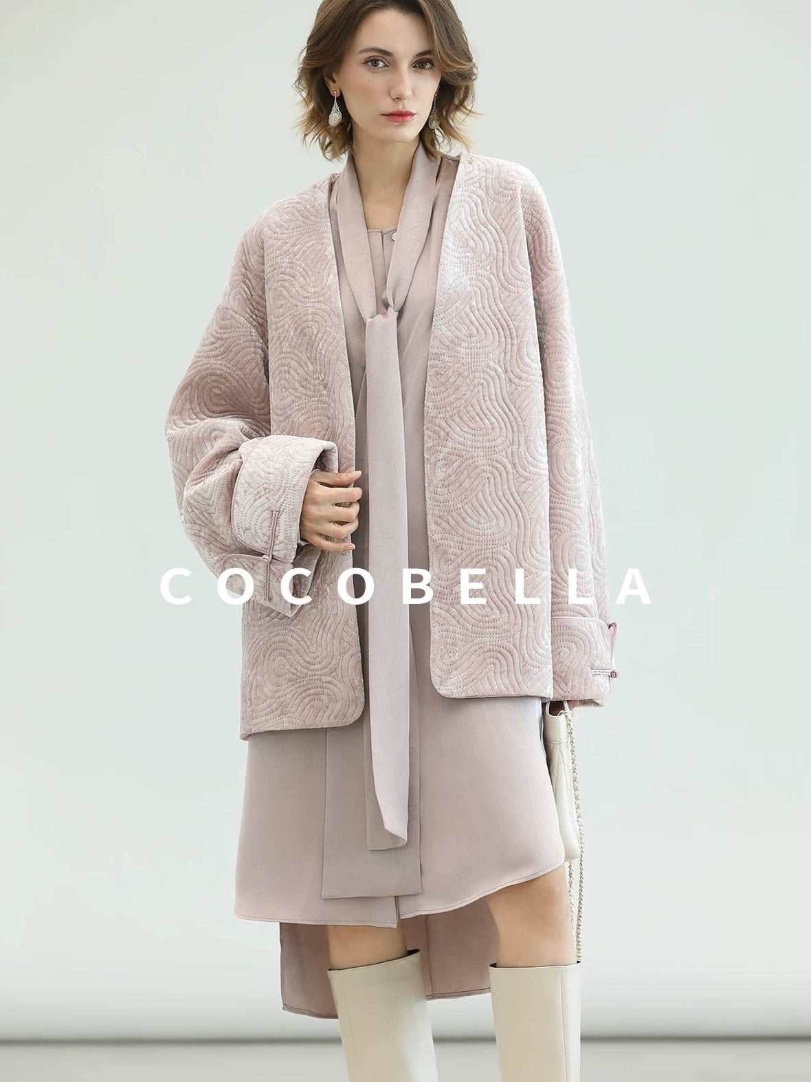 COCOBELLA Velvet Pink Insulated Loose Fit Mid Length Office Padded Jackets