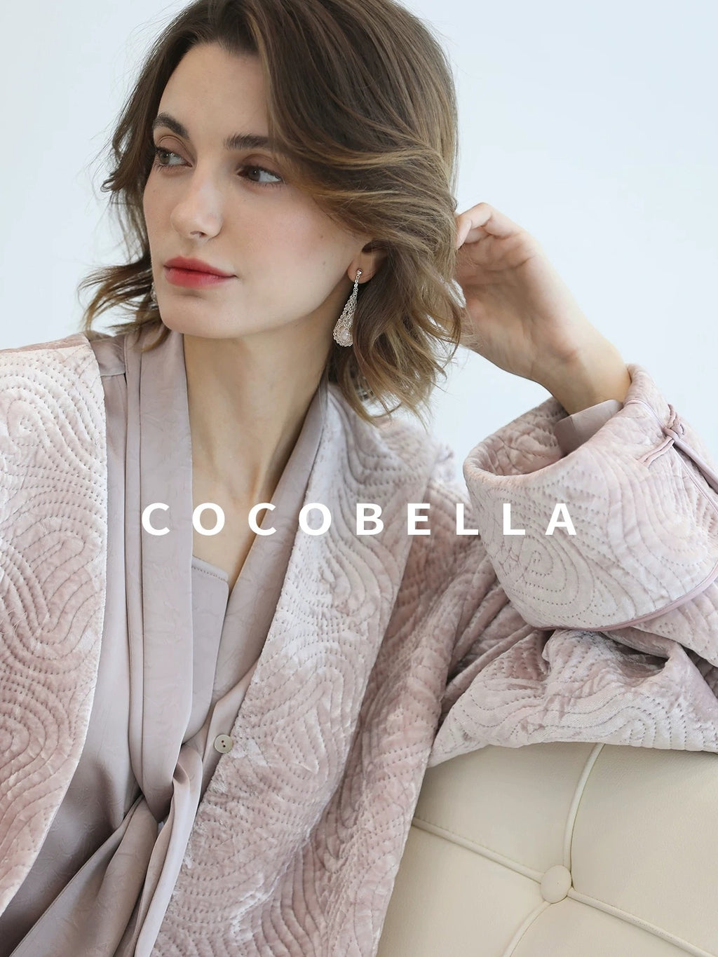 COCOBELLA Velvet Pink Insulated Loose Fit Mid Length Office Padded Jackets