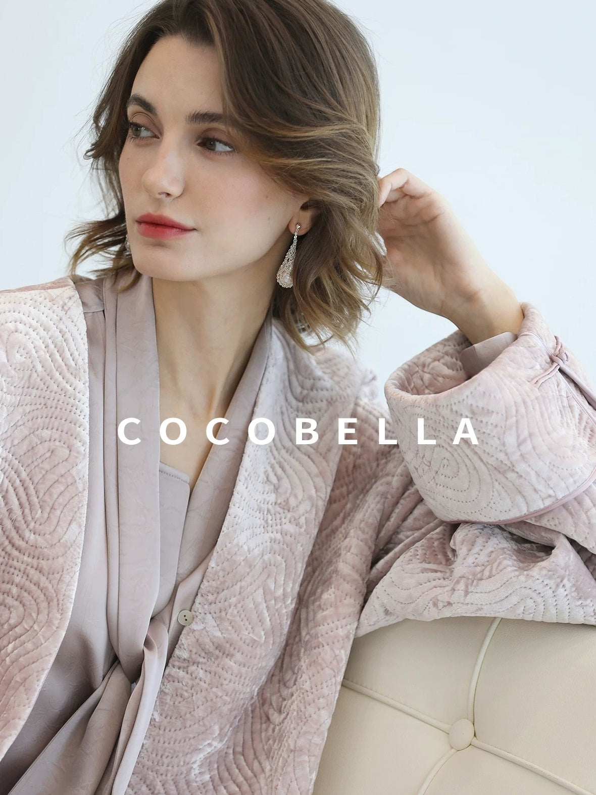 COCOBELLA Velvet Pink Insulated Loose Fit Mid Length Office Padded Jackets