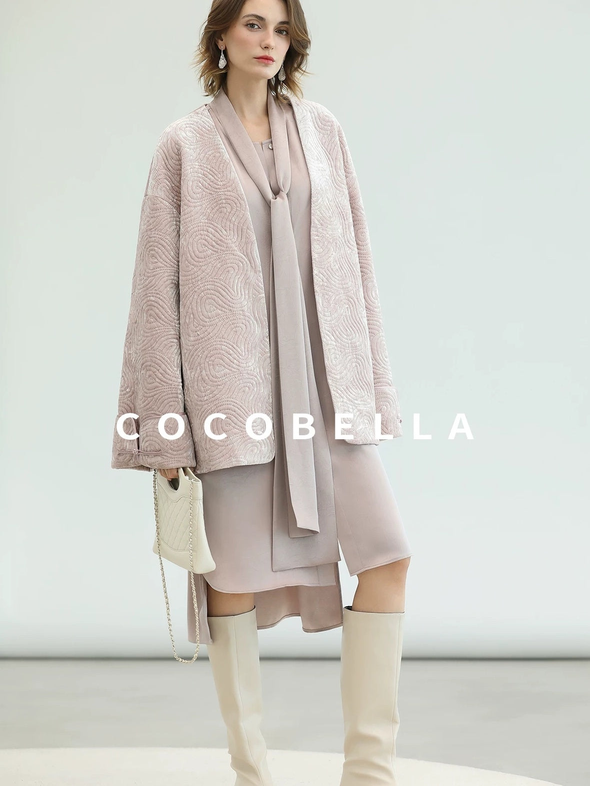 COCOBELLA Velvet Pink Insulated Loose Fit Mid Length Office Padded Jackets