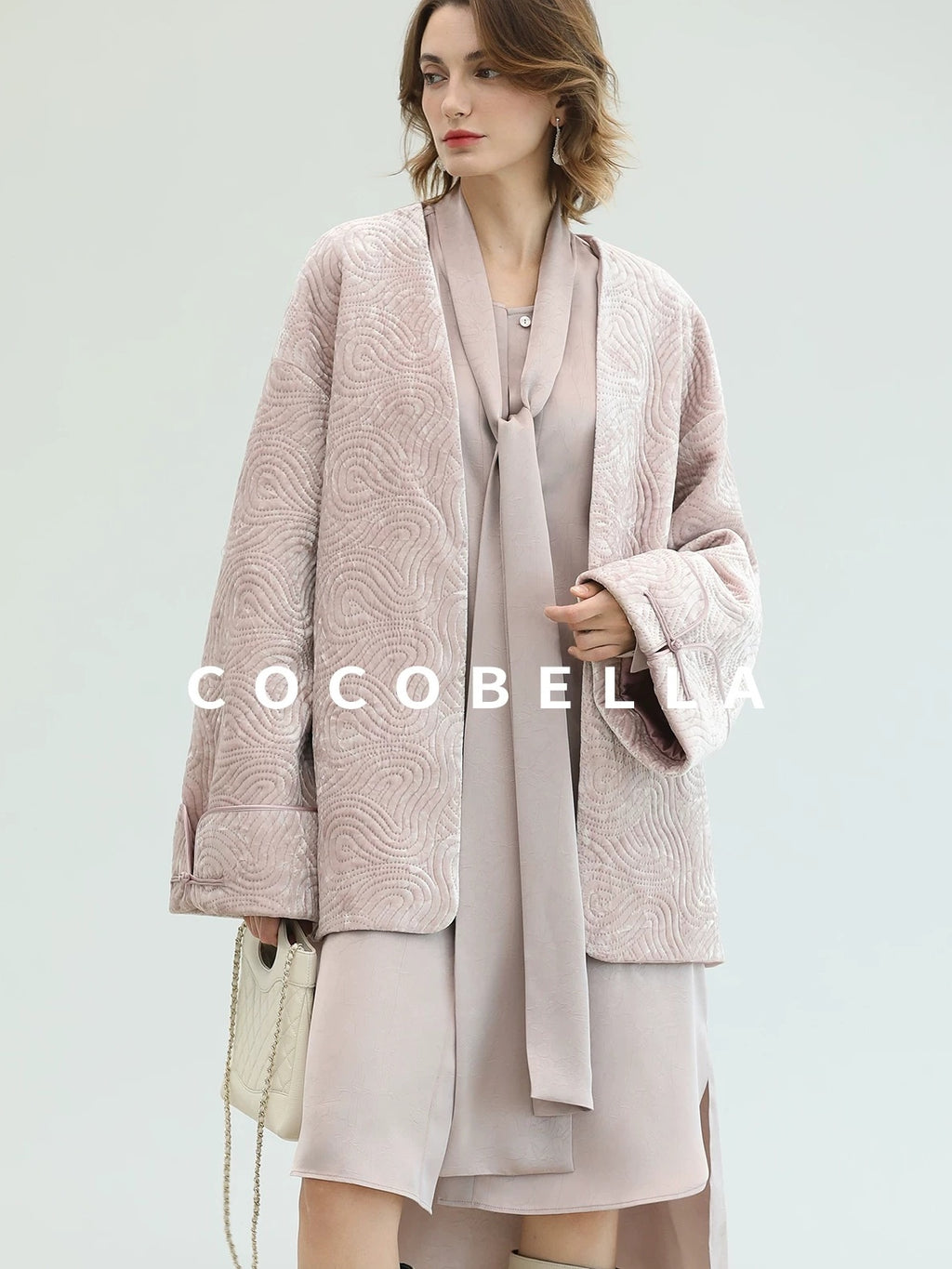 COCOBELLA Velvet Pink Insulated Loose Fit Mid Length Office Padded Jackets