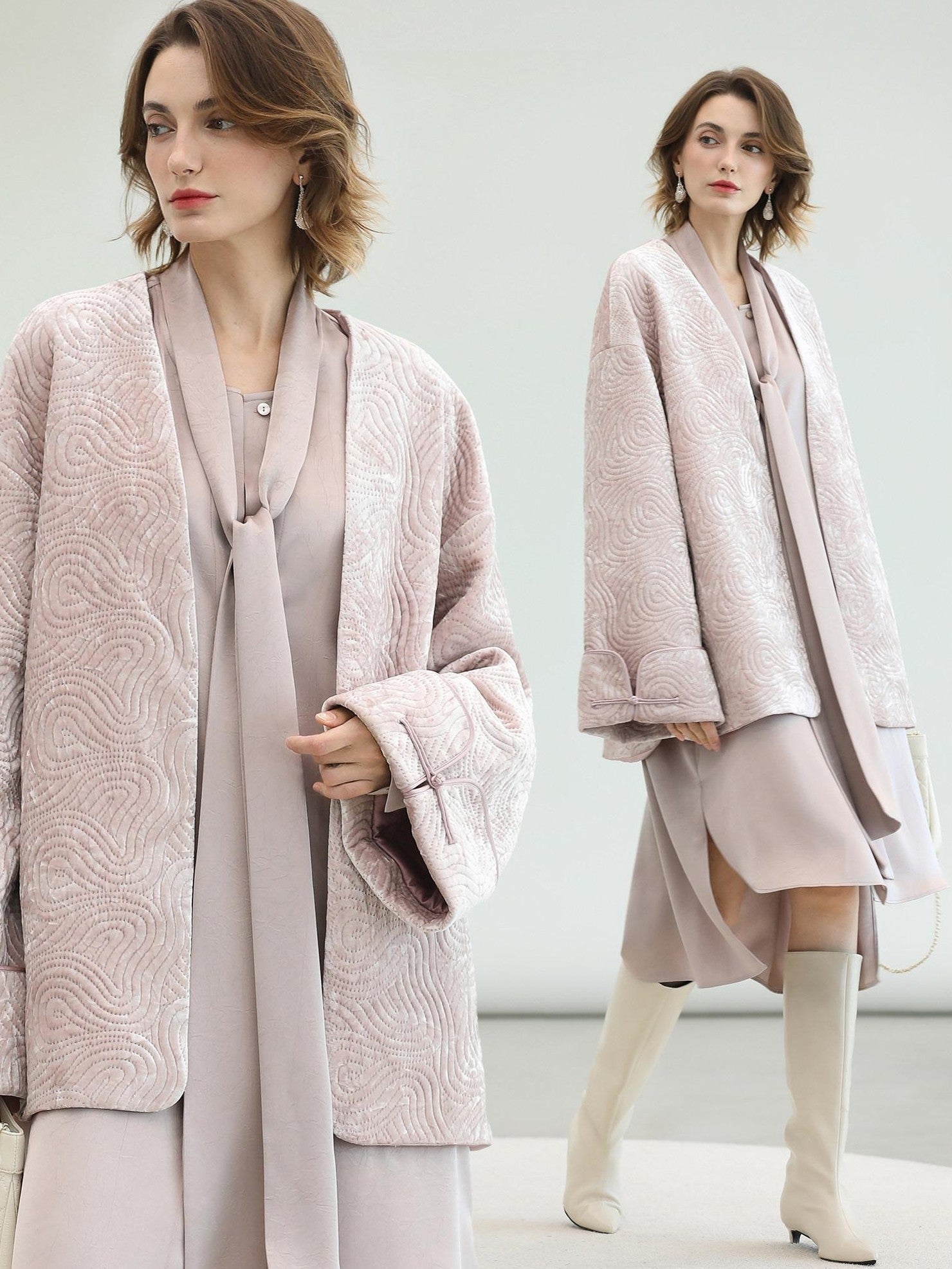 COCOBELLA Velvet Pink Insulated Loose Fit Mid Length Office Padded Jackets