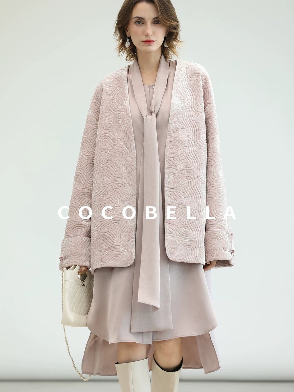 COCOBELLA Velvet Pink Insulated Loose Fit Mid Length Office Padded Jackets